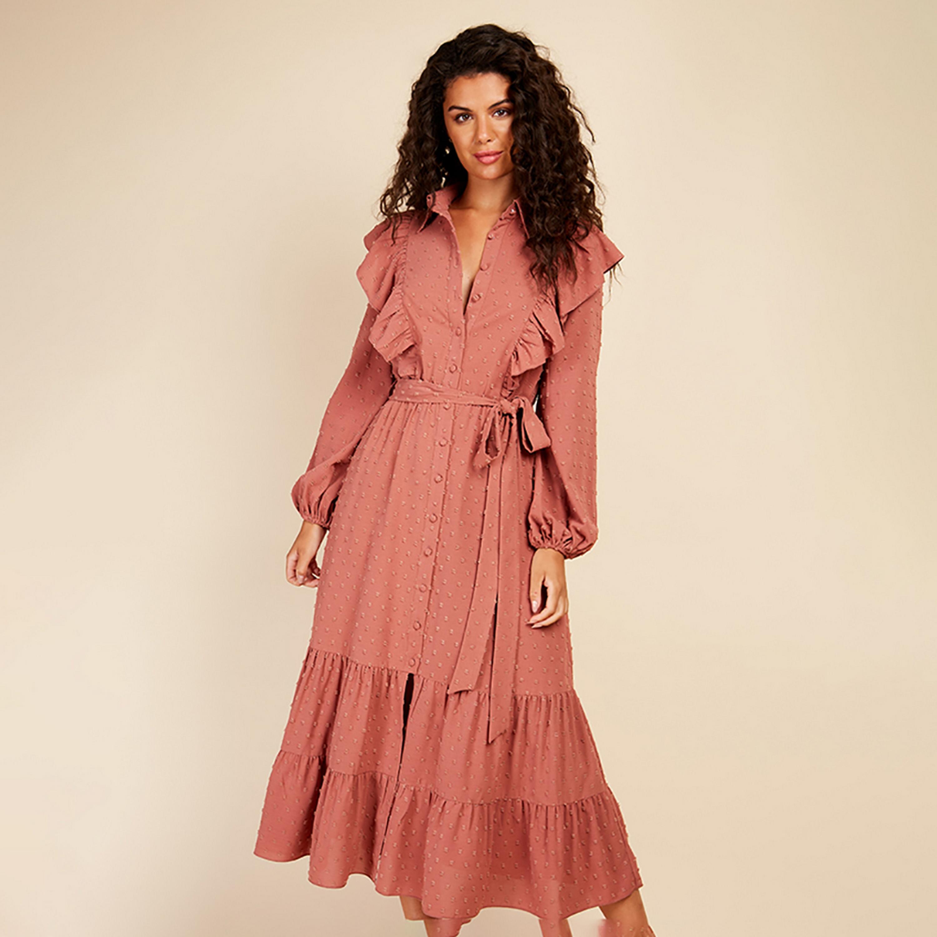 Little Mistress Coral Dobby Weave Collared Balloon Sleeves Tiered Midi Women's Dress-women-clothing-dresses-image-3