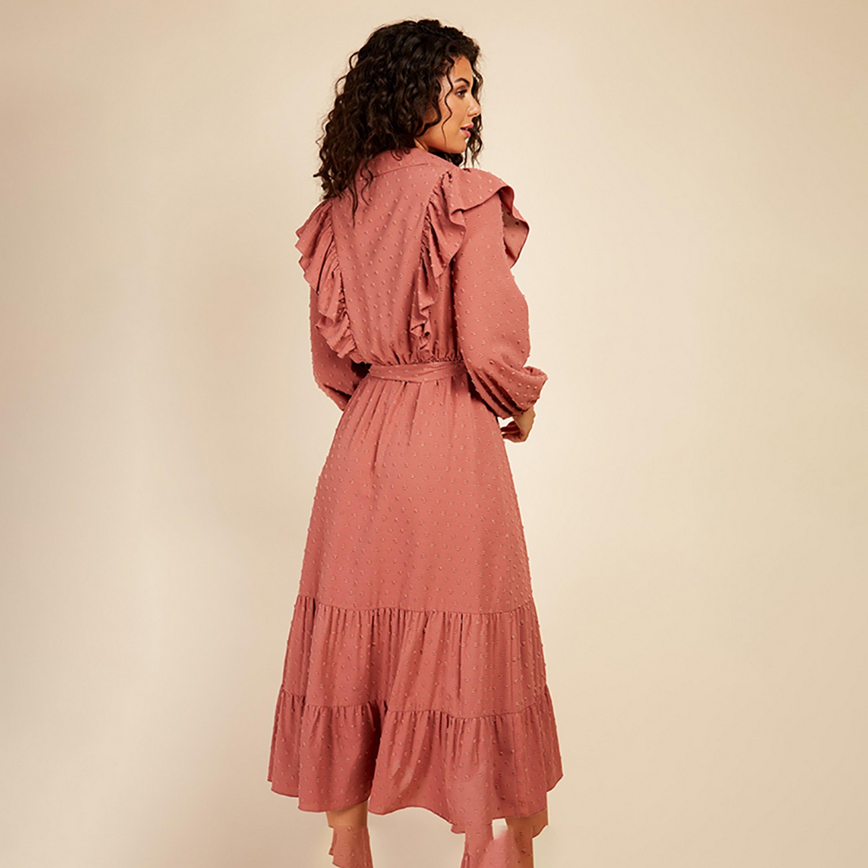 Little Mistress Coral Dobby Weave Collared Balloon Sleeves Tiered Midi Women's Dress-women-clothing-dresses-image-4