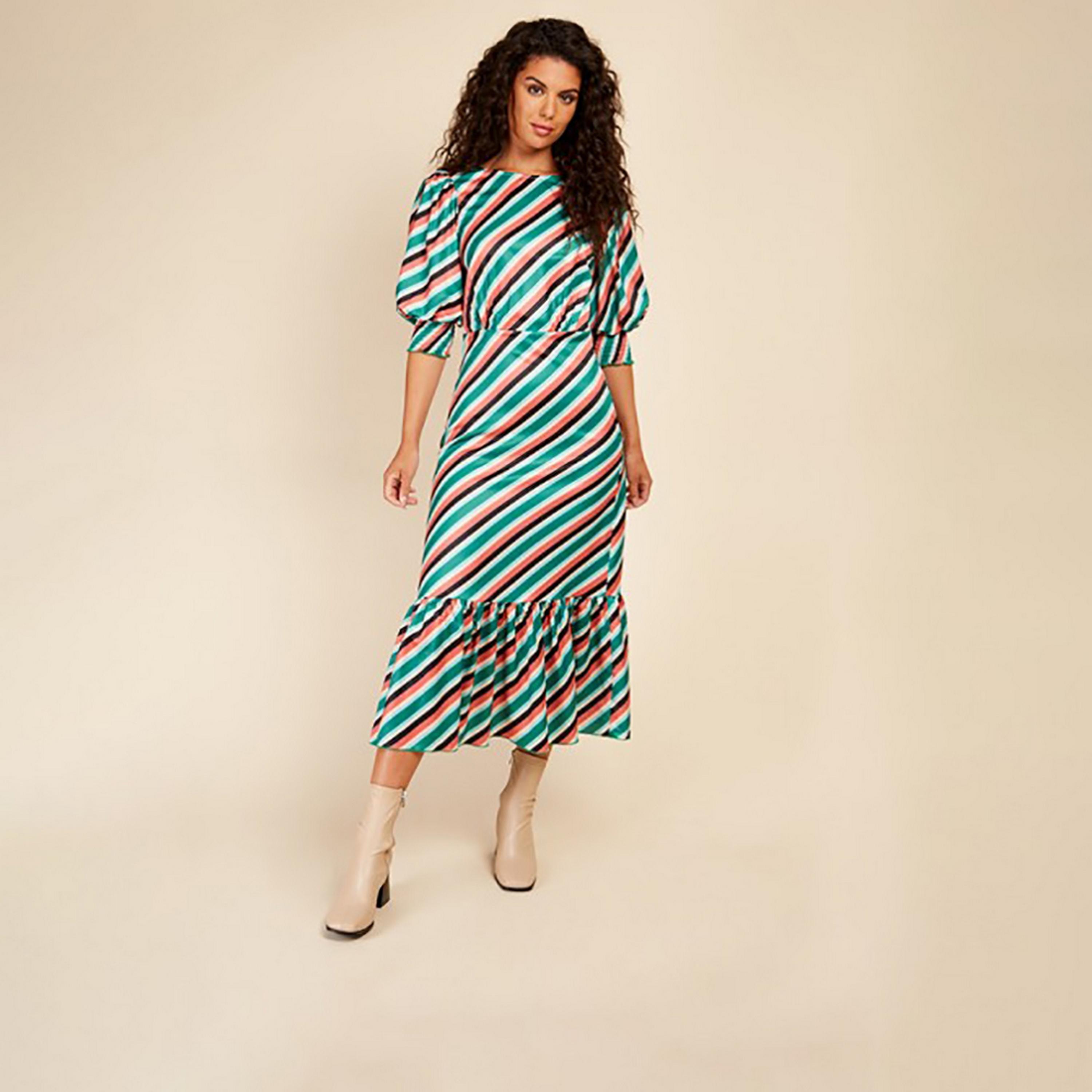 Little Mistress Multicolour Striped Puff Sleeves Fit and Flared Midi Women's Dress-women-clothing-dresses-image-1