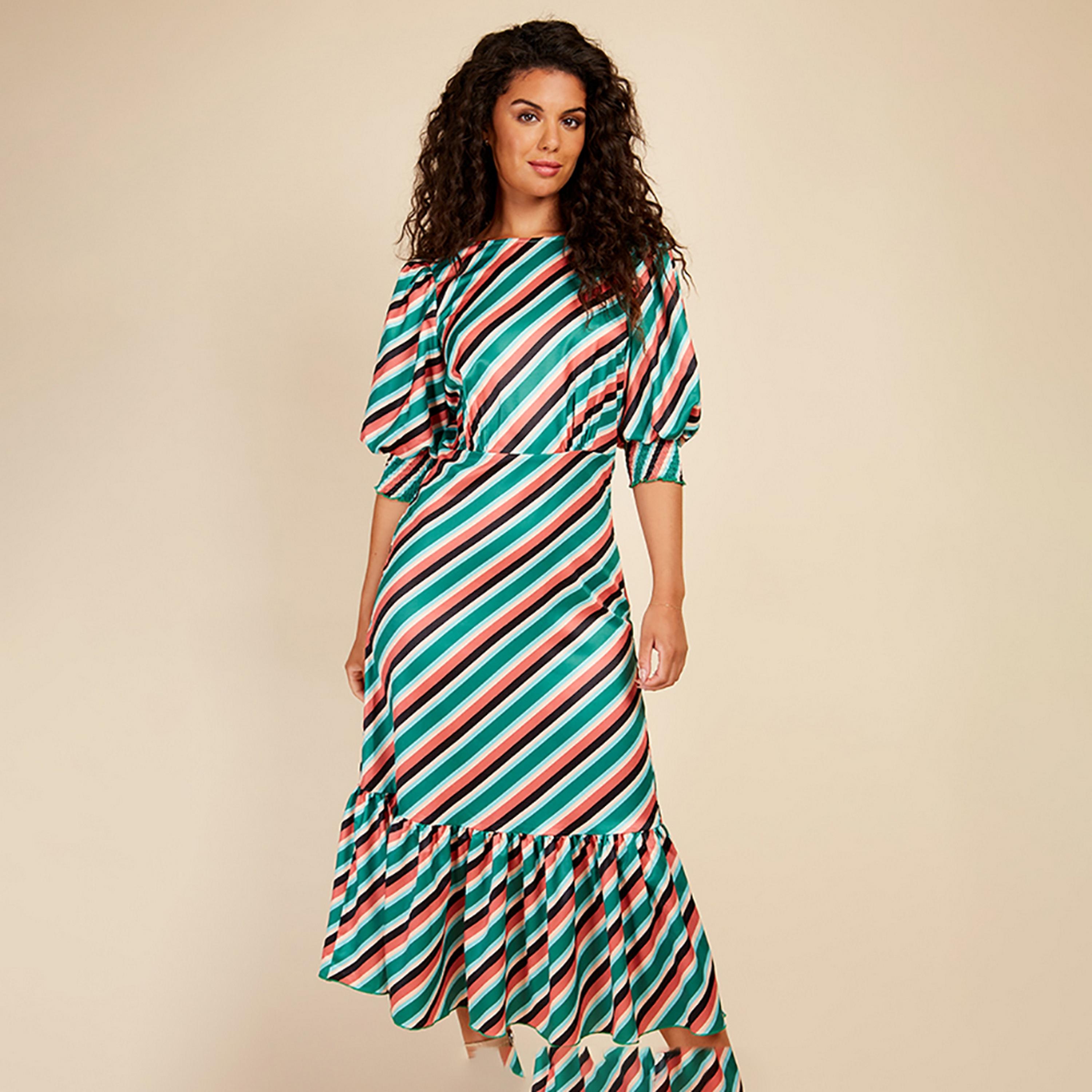 Little Mistress Multicolour Striped Puff Sleeves Fit and Flared Midi Women's Dress-women-clothing-dresses-image-3