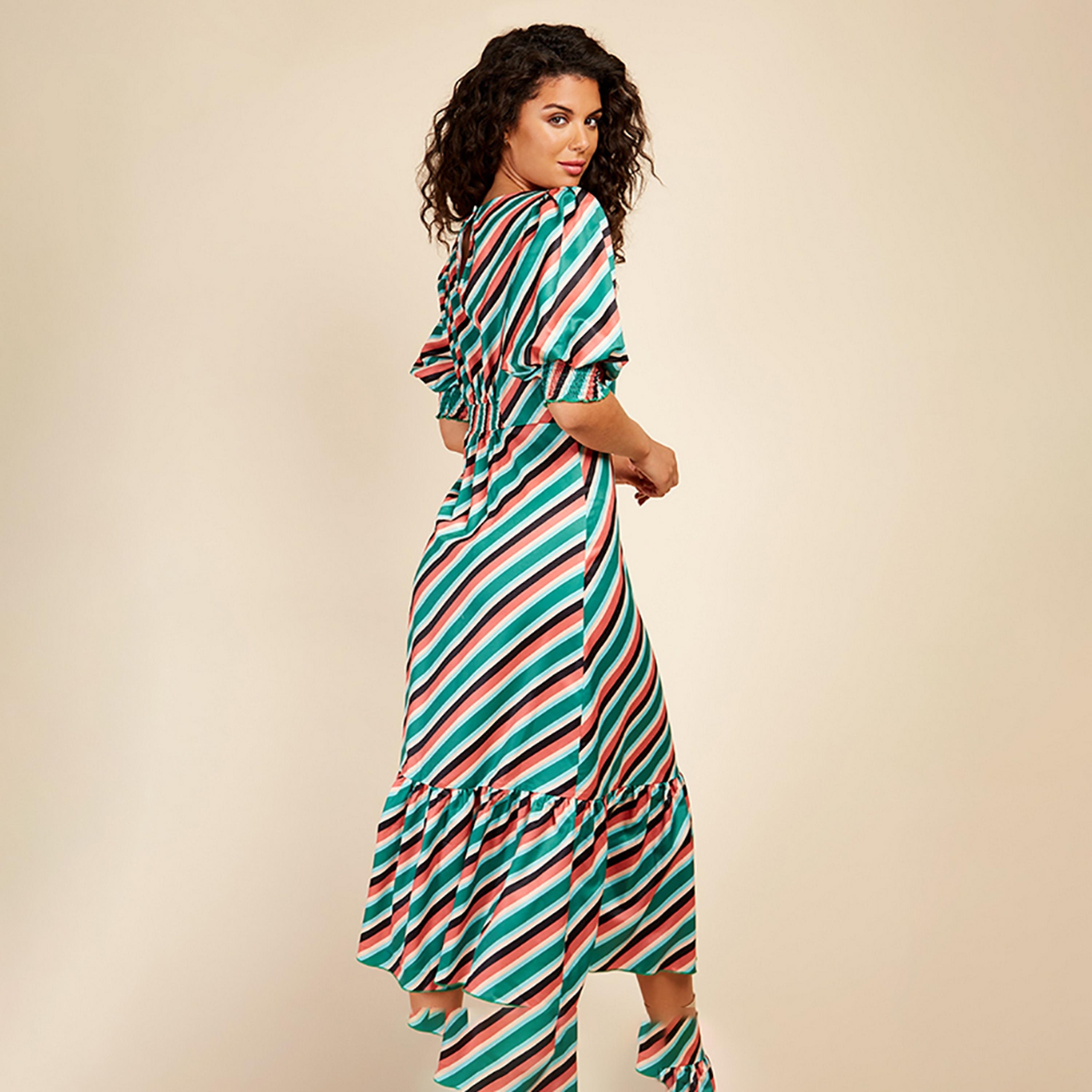 Little Mistress Multicolour Striped Puff Sleeves Fit and Flared Midi Women's Dress-women-clothing-dresses-image-4