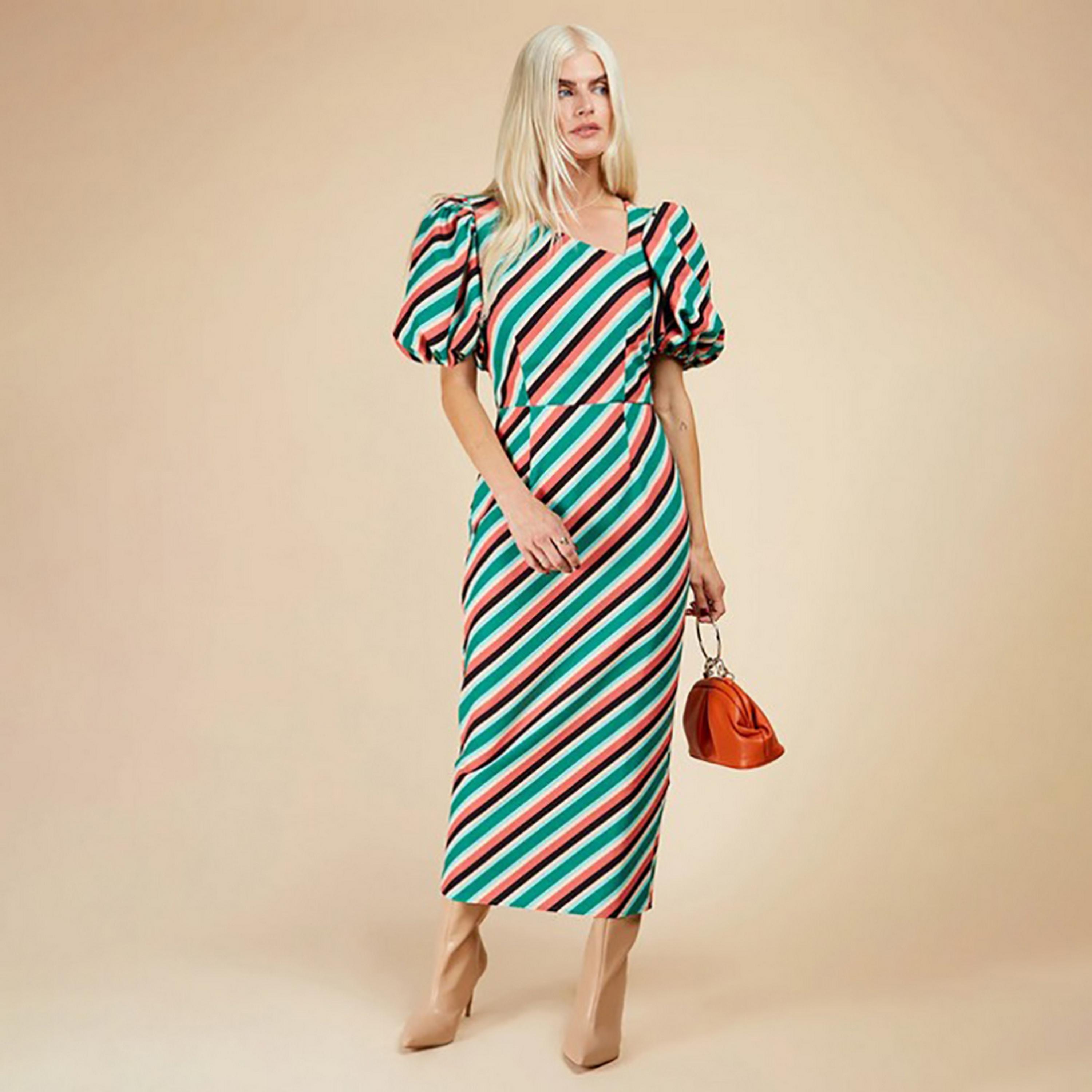 Little Mistress Multicolour Striped Asymmetric Neck Puff Sleeves Bodycon Midi Women's Dress-women-clothing-dresses-image-1