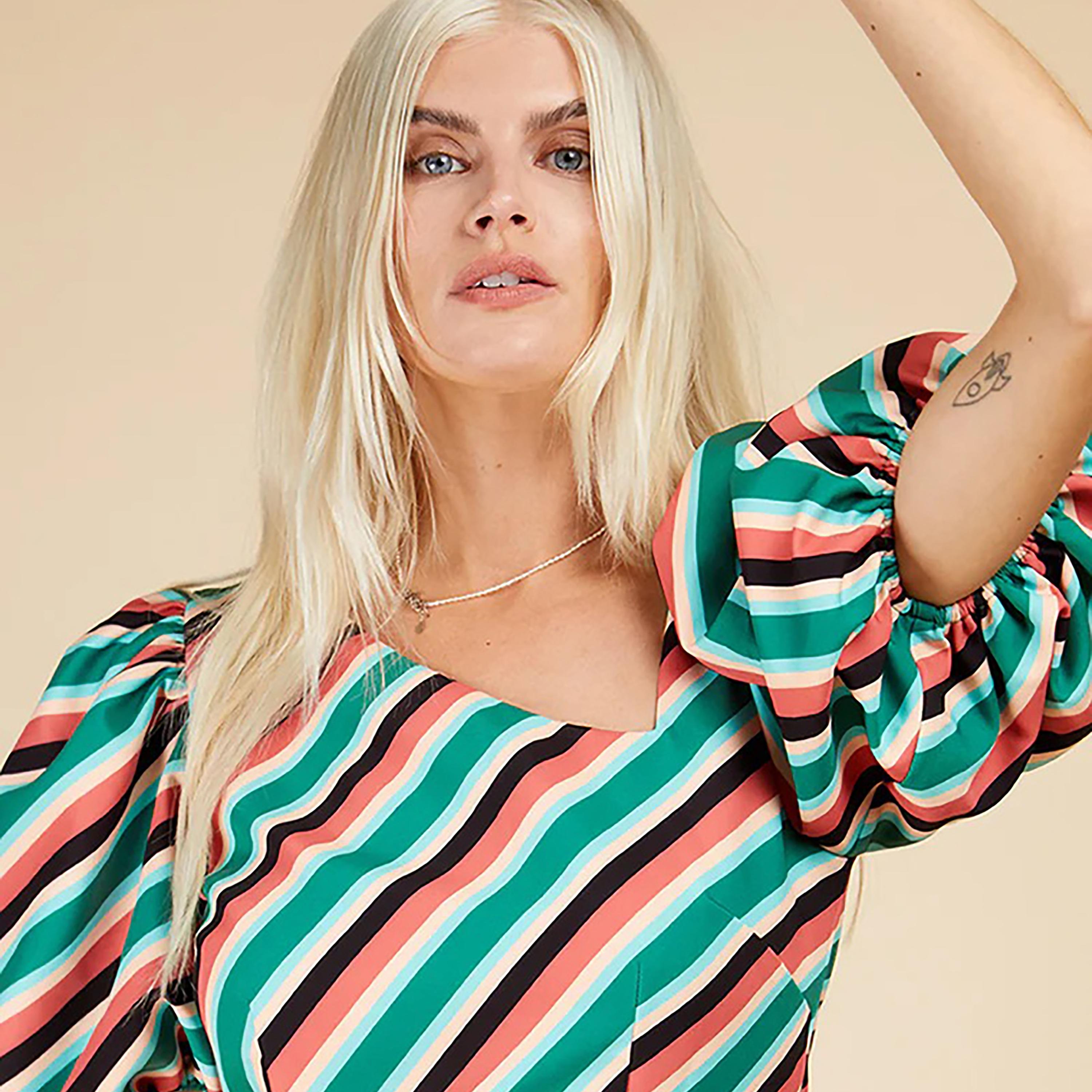Little Mistress Multicolour Striped Asymmetric Neck Puff Sleeves Bodycon Midi Women's Dress-women-clothing-dresses-image-2