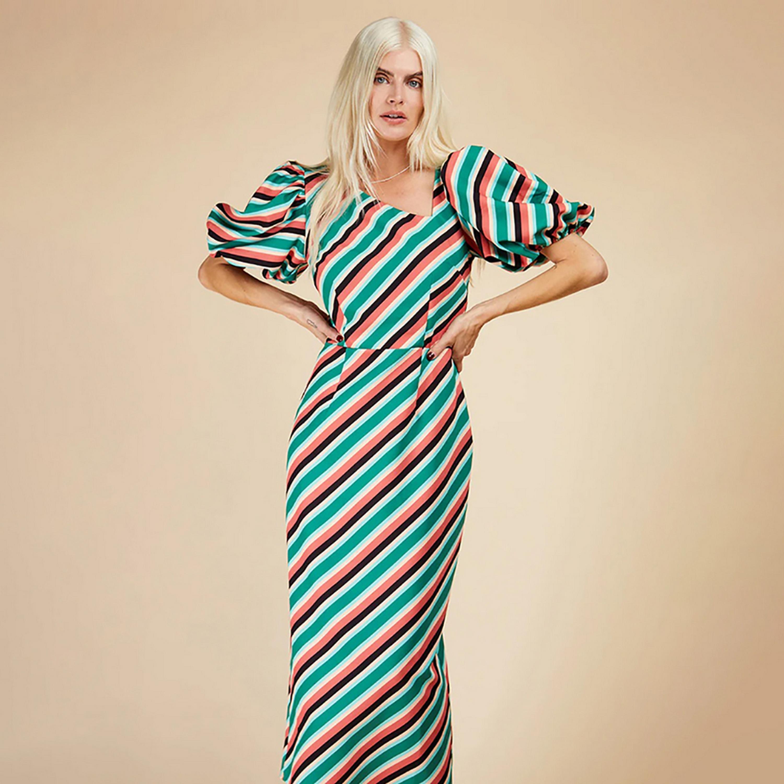 Little Mistress Multicolour Striped Asymmetric Neck Puff Sleeves Bodycon Midi Women's Dress-women-clothing-dresses-image-3