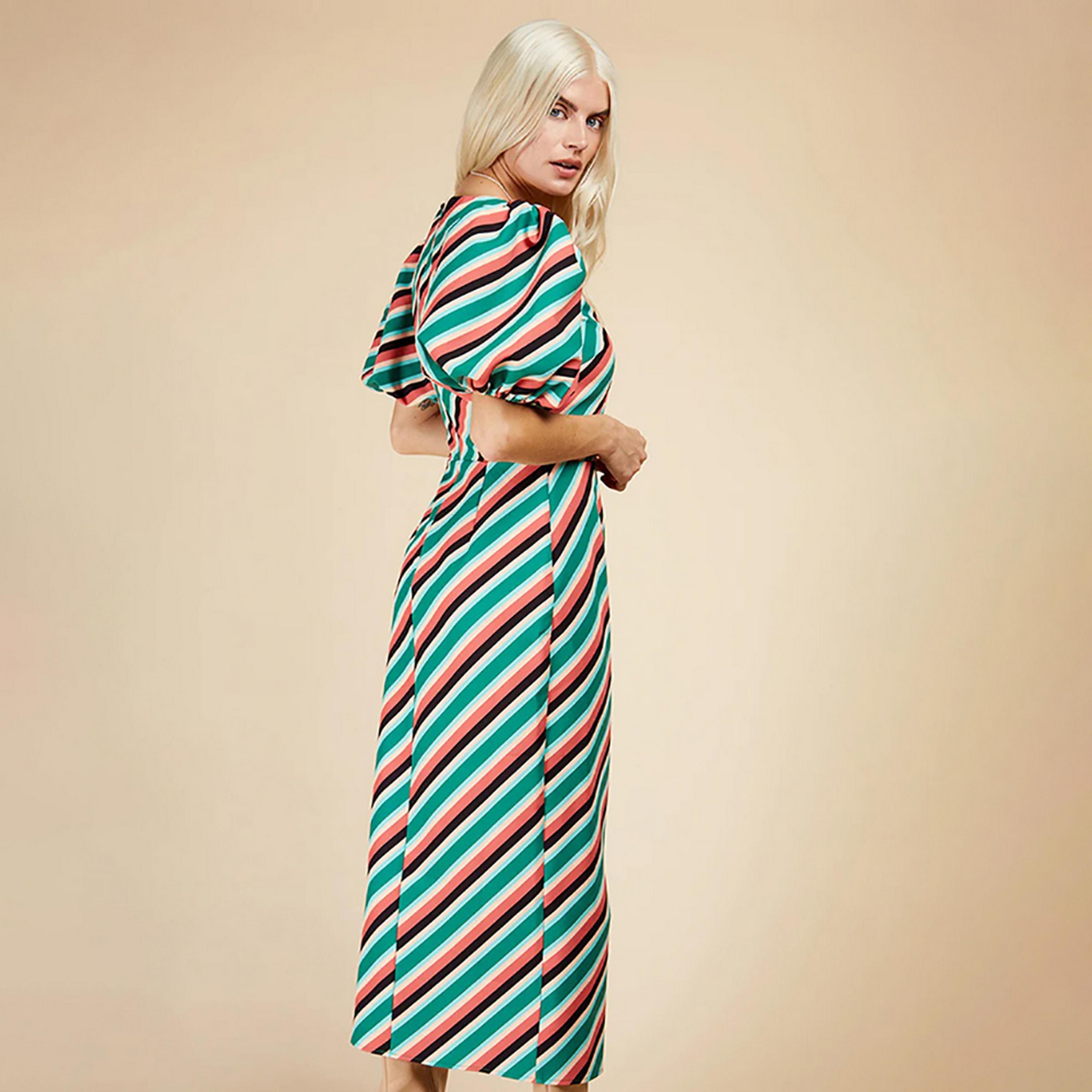 Little Mistress Multicolour Striped Asymmetric Neck Puff Sleeves Bodycon Midi Women's Dress-women-clothing-dresses-image-4