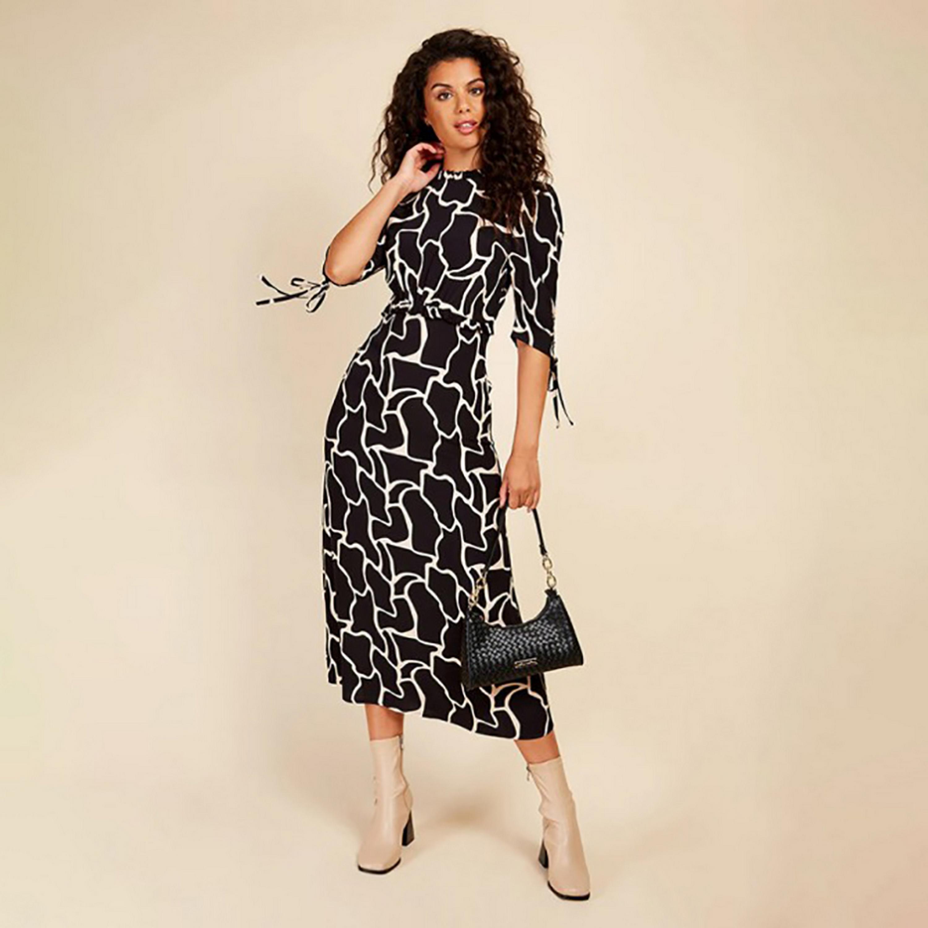Little Mistress Black Patterned Mock Neck Straight Midi Women's Dress-women-clothing-dresses-image-1