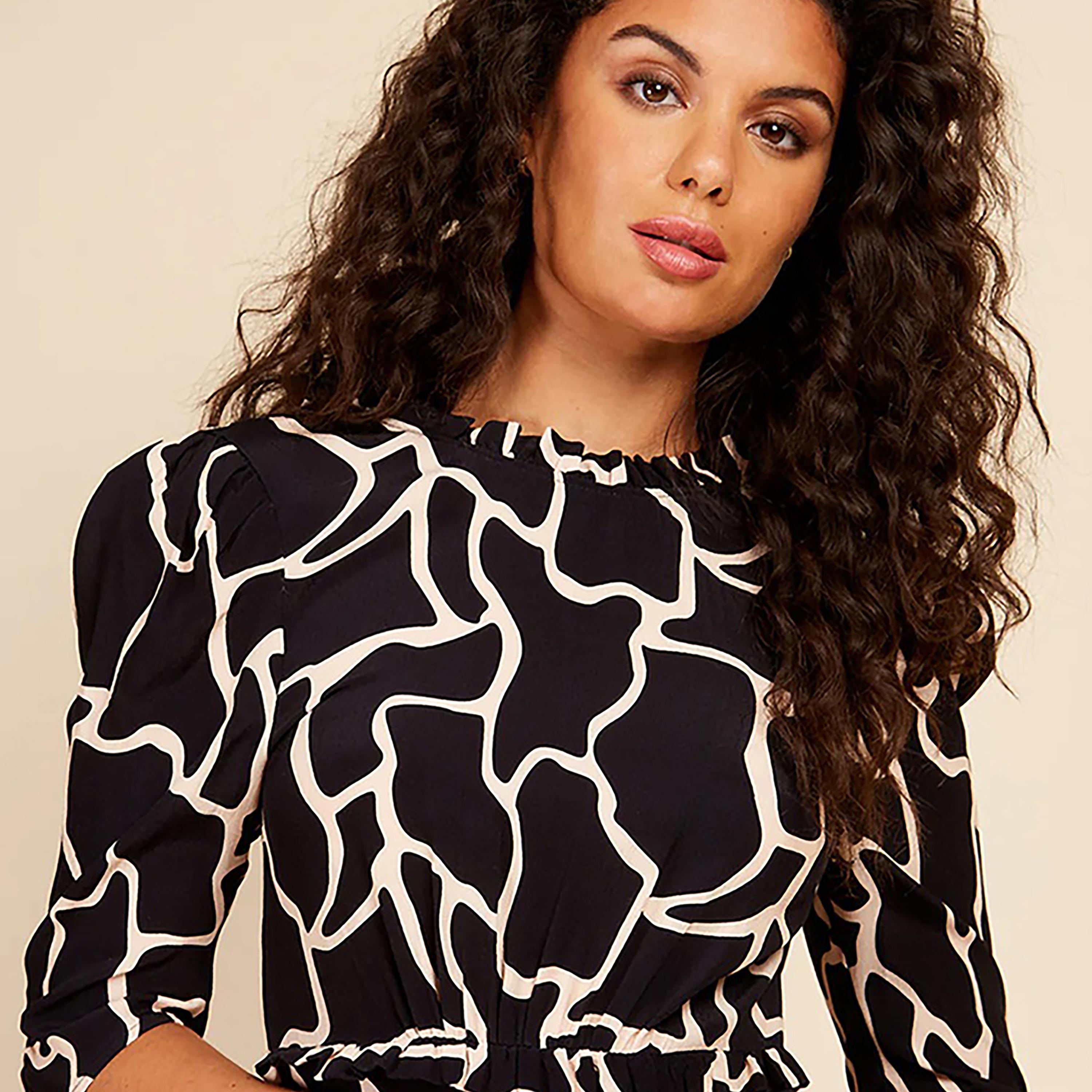 Little Mistress Black Patterned Mock Neck Straight Midi Women's Dress-women-clothing-dresses-image-2