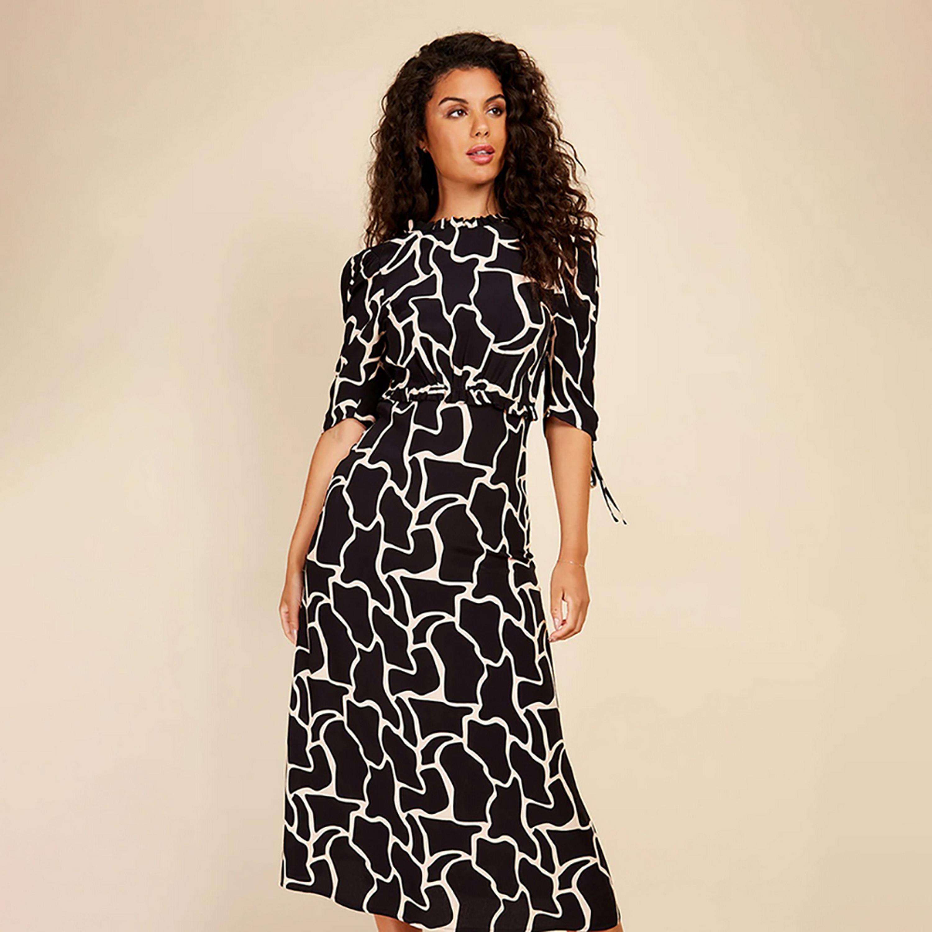Little Mistress Black Patterned Mock Neck Straight Midi Women's Dress-women-clothing-dresses-image-3