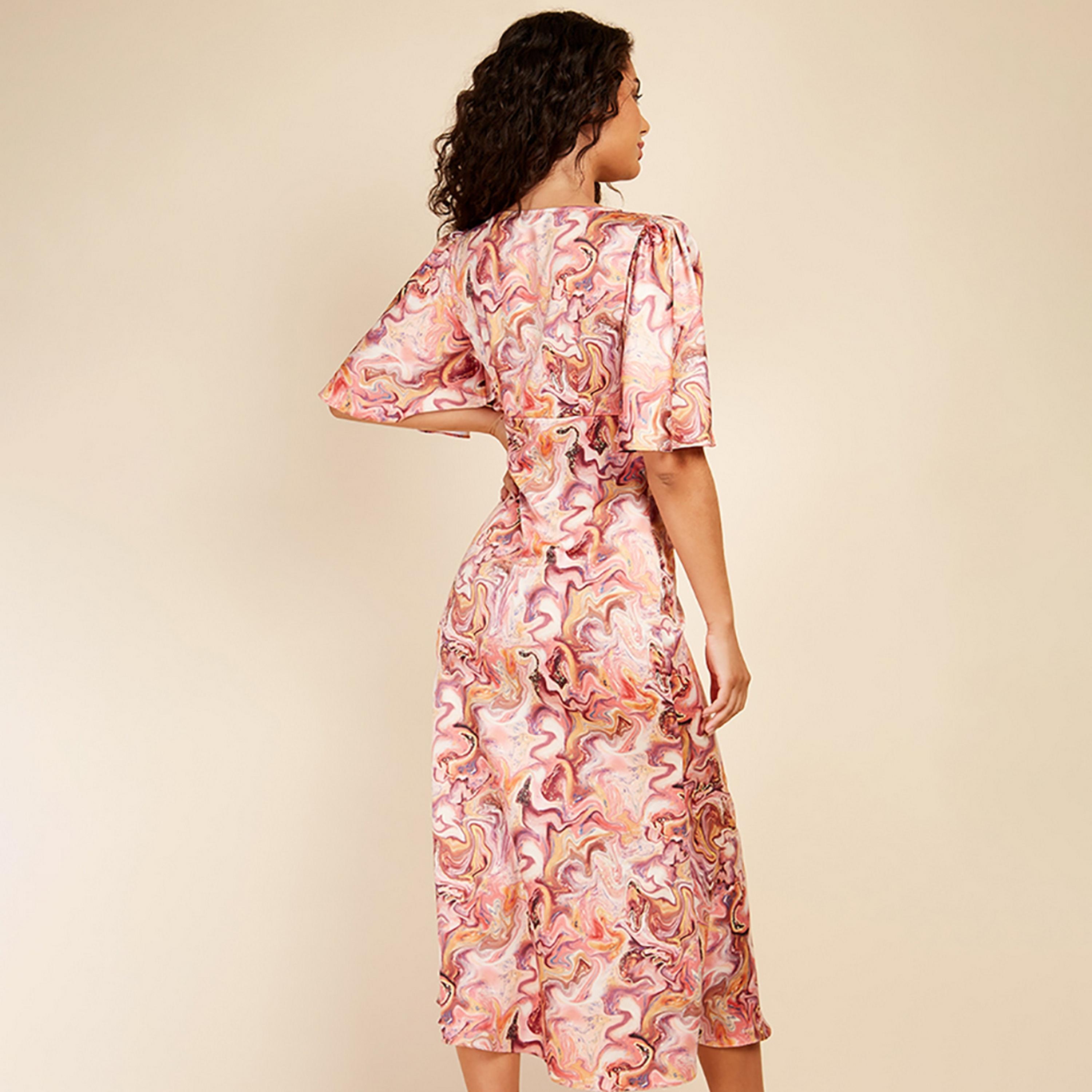 Little Mistress Rose Printed Flared Sleeves Fit and Flared Midi Women's Dress-women-clothing-dresses-image-4