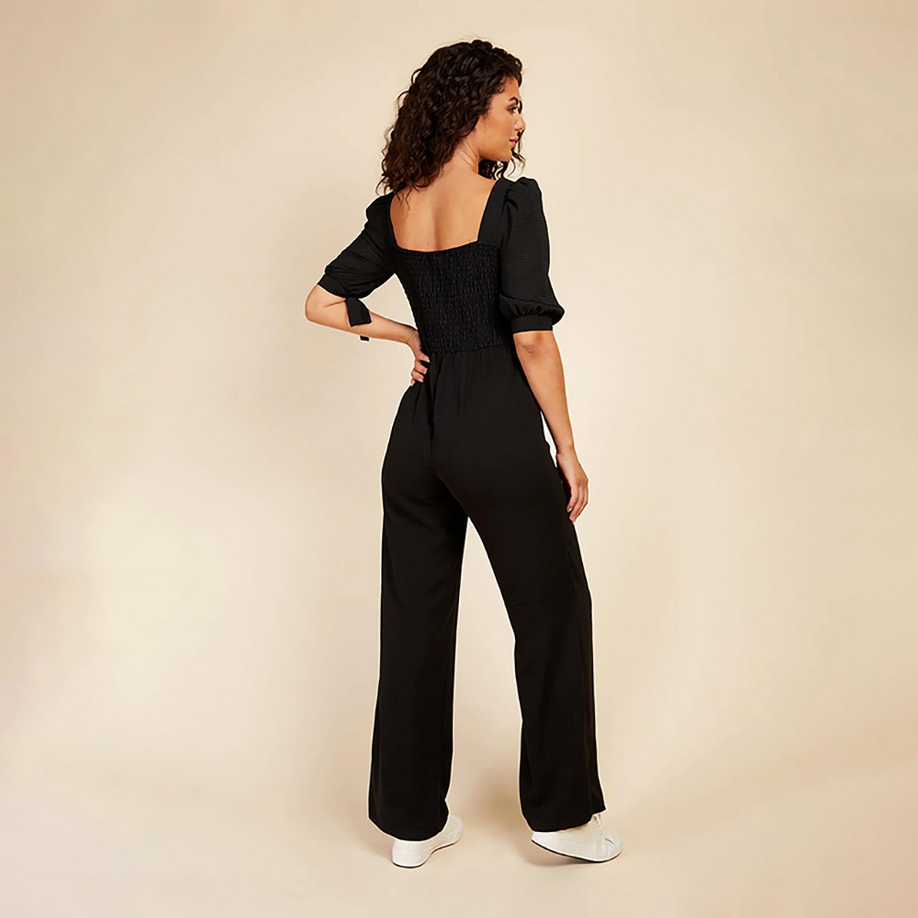 Little Mistress Black Ribbed Puff Sleeves Women's Jumpsuit-women-clothing-jumpsuits-image-4