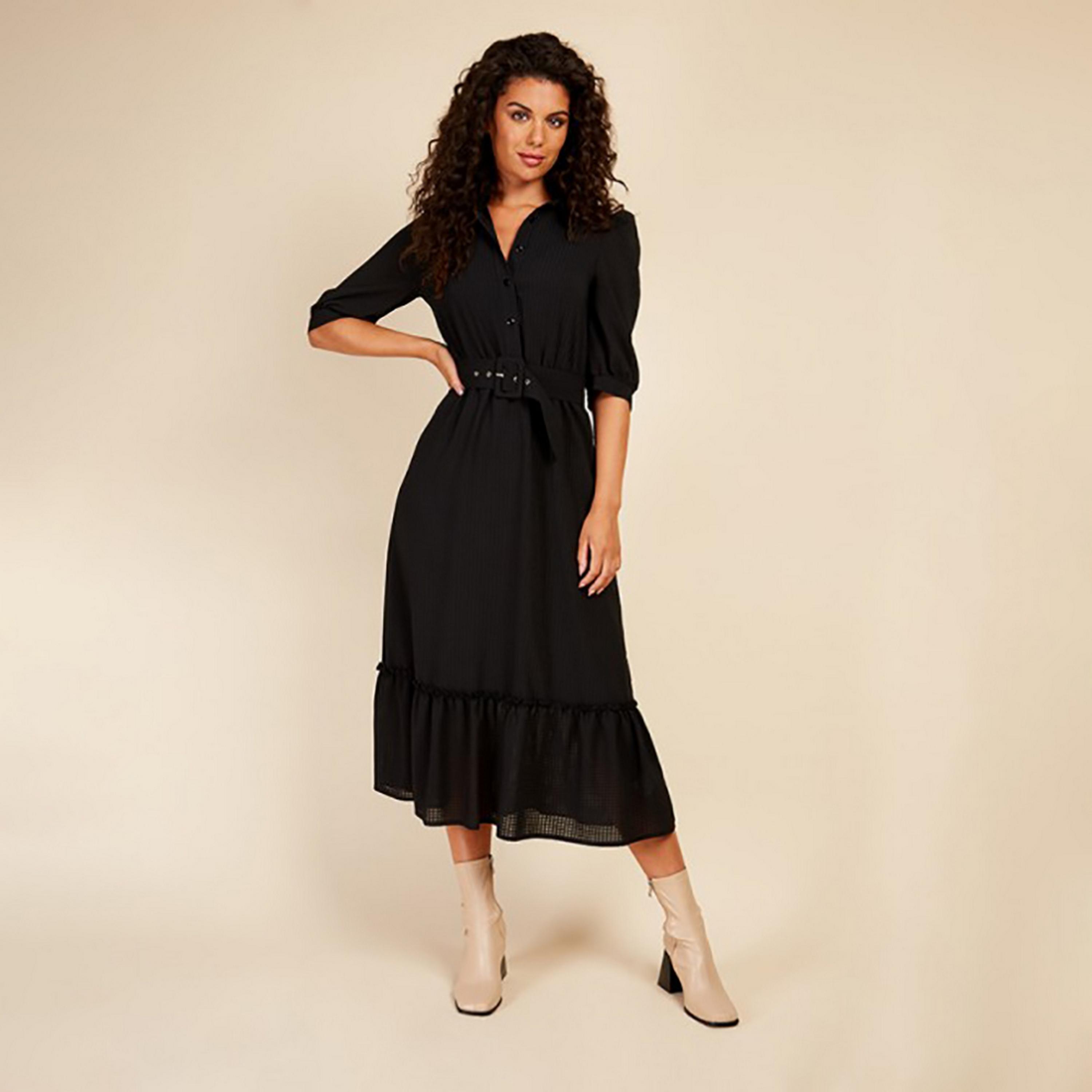 Little Mistress Black Patterned Collared Puff Sleeves Shirt Midi Women's Dress-women-clothing-dresses-image-1