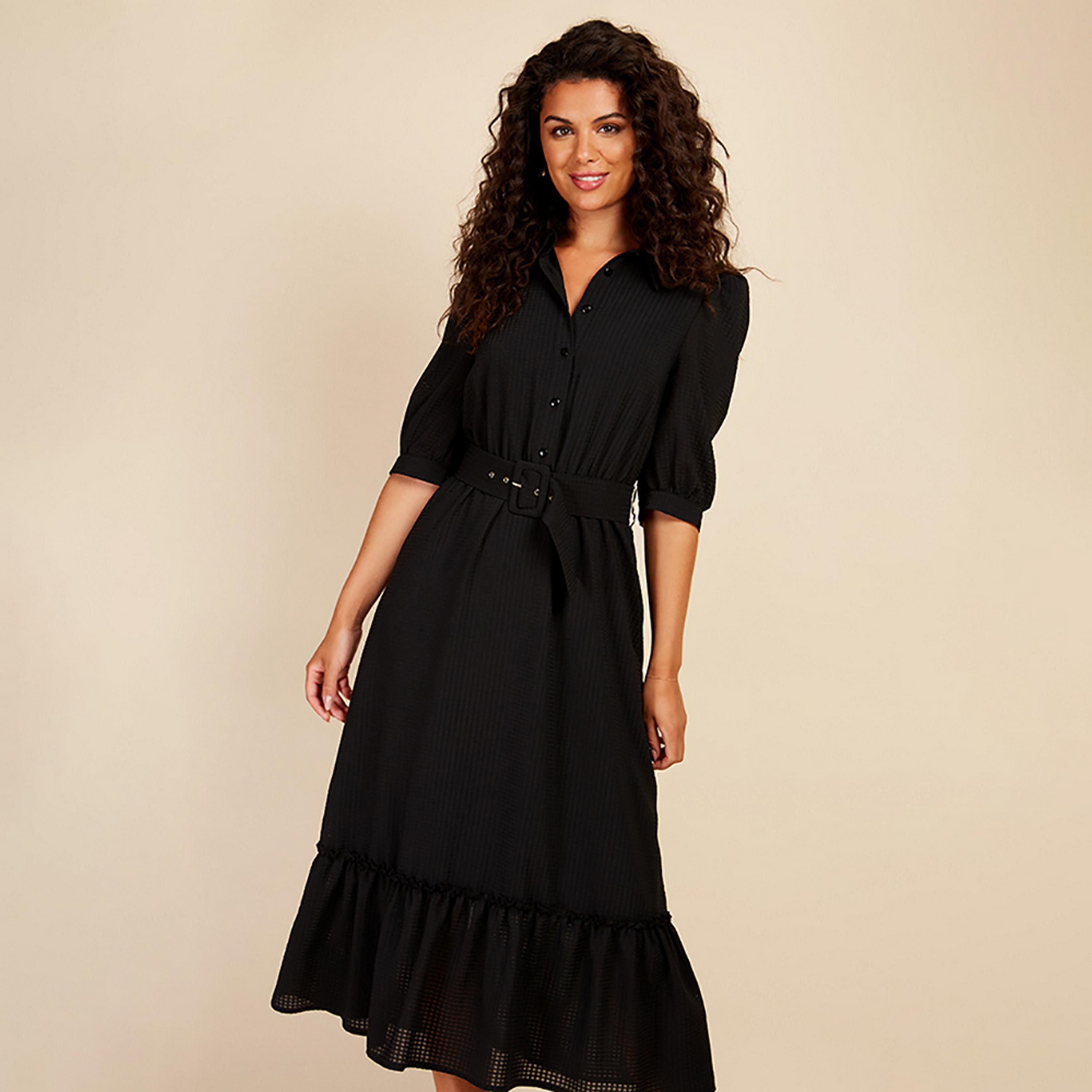 Little Mistress Black Patterned Collared Puff Sleeves Shirt Midi Women's Dress-women-clothing-dresses-image-3