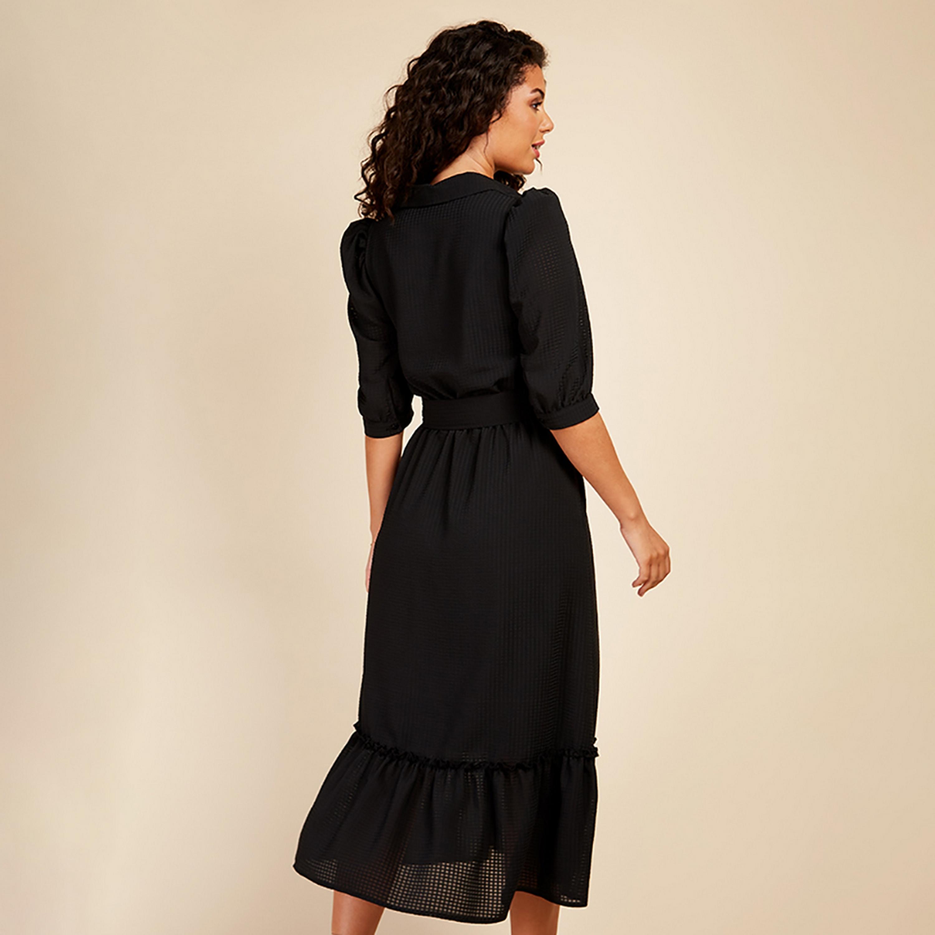Little Mistress Black Patterned Collared Puff Sleeves Shirt Midi Women's Dress-women-clothing-dresses-image-4