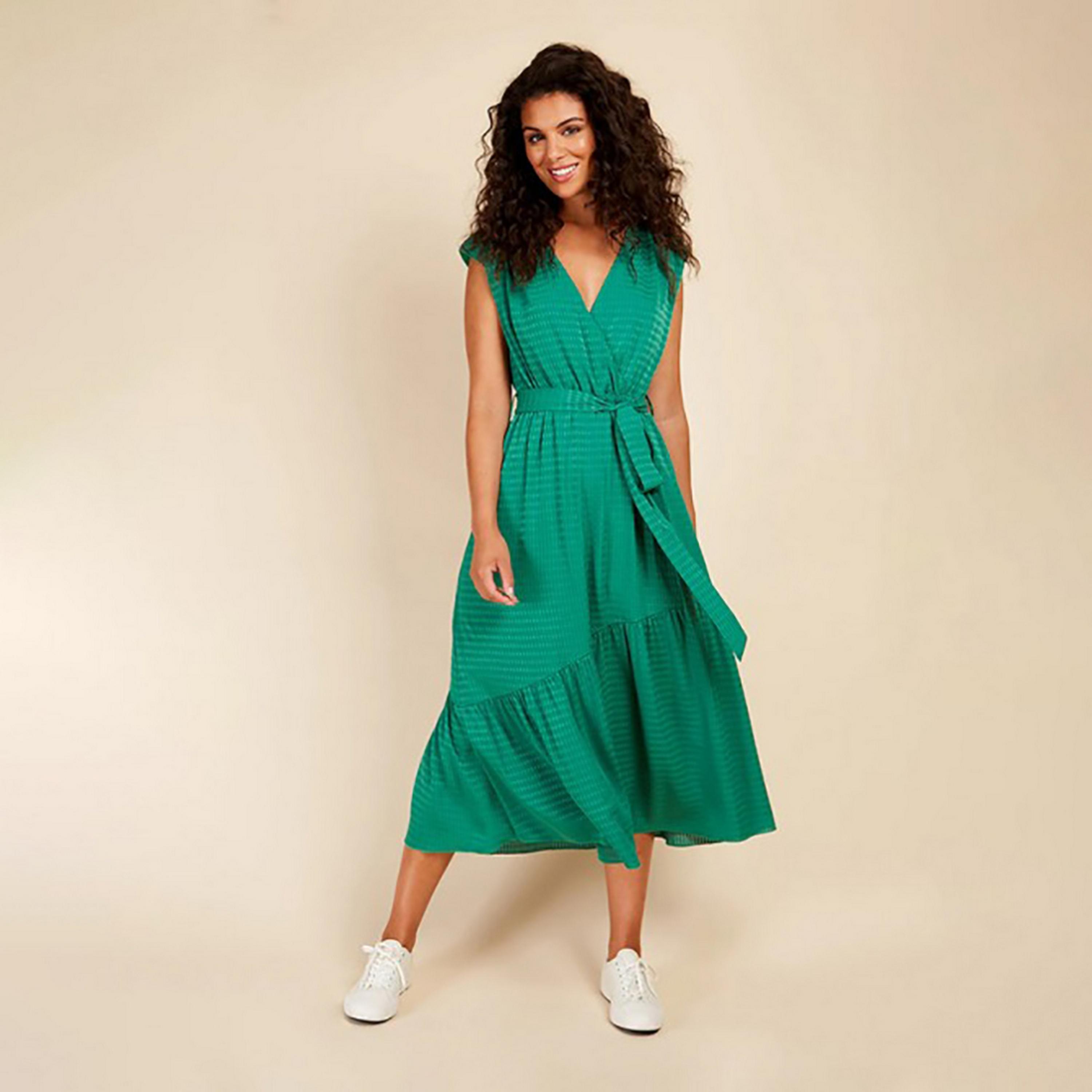 Little Mistress Green Self-Design Plunge Neck Cap Sleeves Tiered Midi Women's Dress-women-clothing-dresses-image-1