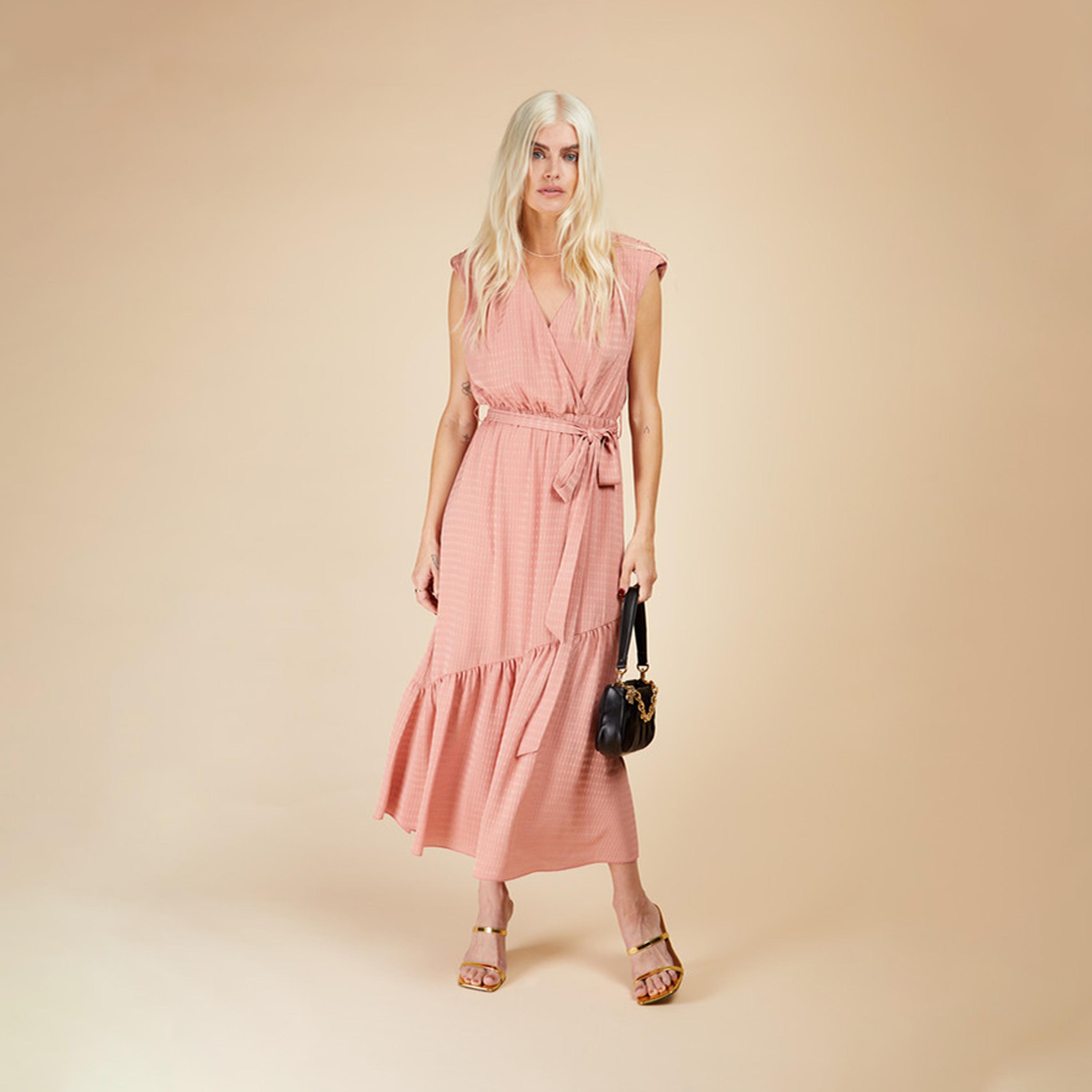 Little Mistress Textured V-neck Wrap Midi Dress with Cap Sleeves-women-clothing-dresses-image-2