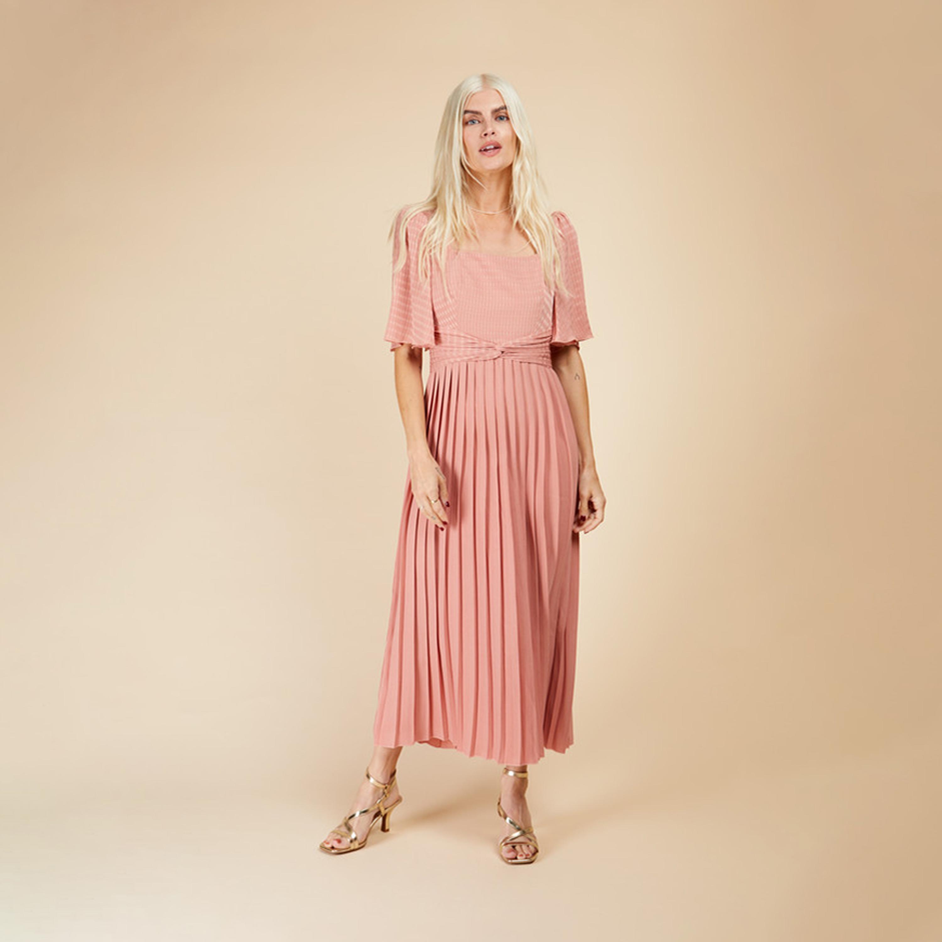Little Mistress Textured Square Neck Pleated Maxi Dress with Short Sleeves-women-clothing-dresses-image-1