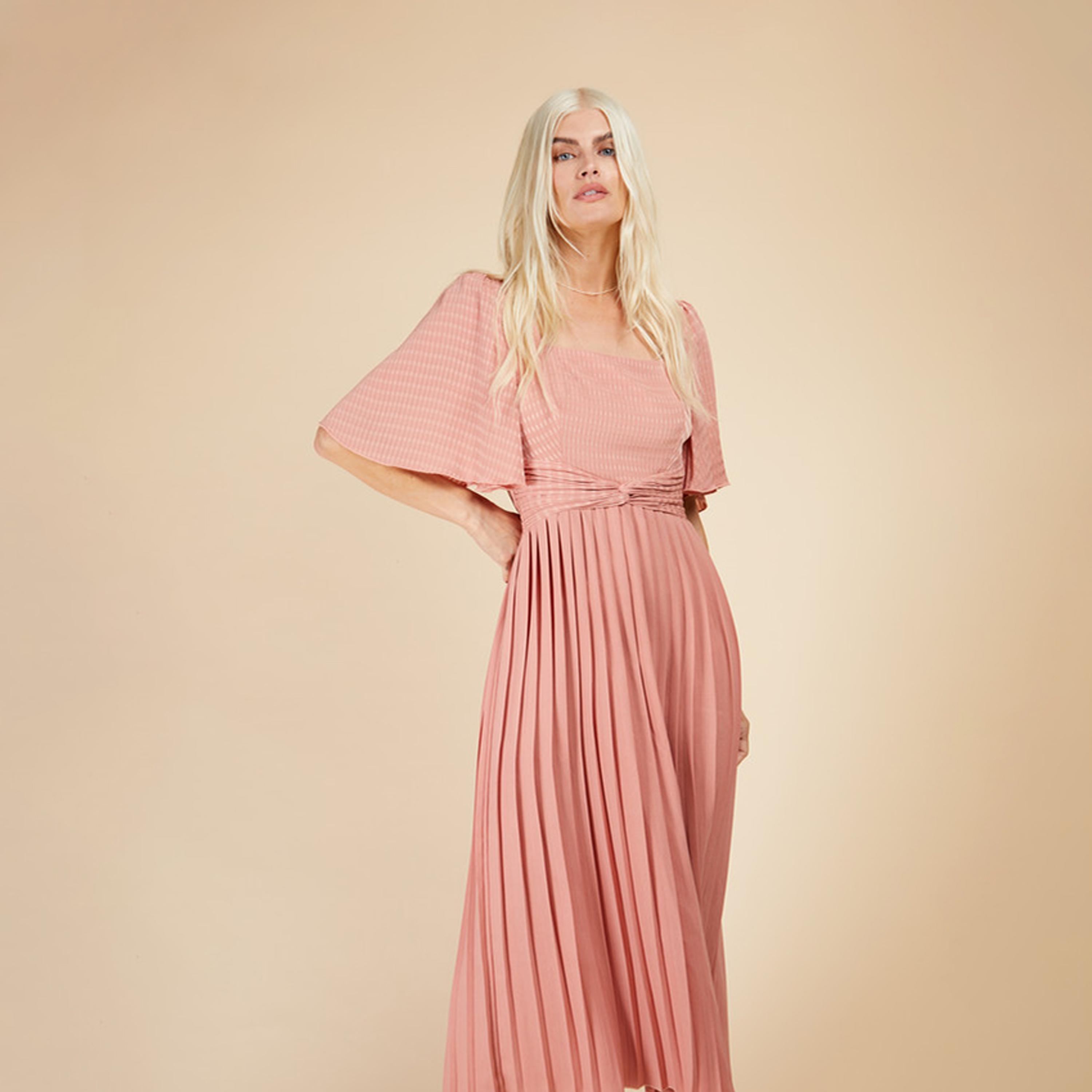 Little Mistress Textured Square Neck Pleated Maxi Dress with Short Sleeves-women-clothing-dresses-image-2