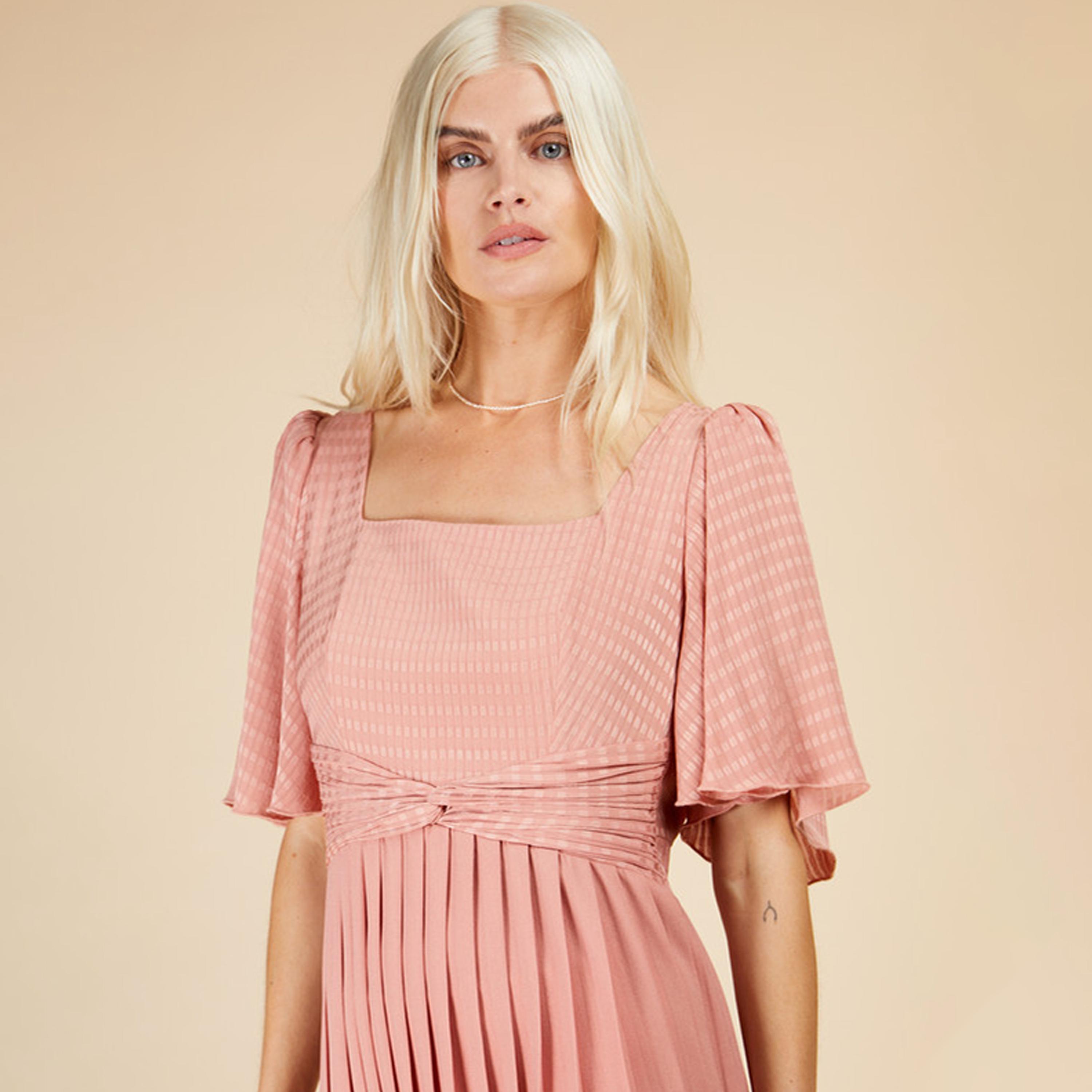 Little Mistress Textured Square Neck Pleated Maxi Dress with Short Sleeves-women-clothing-dresses-image-3