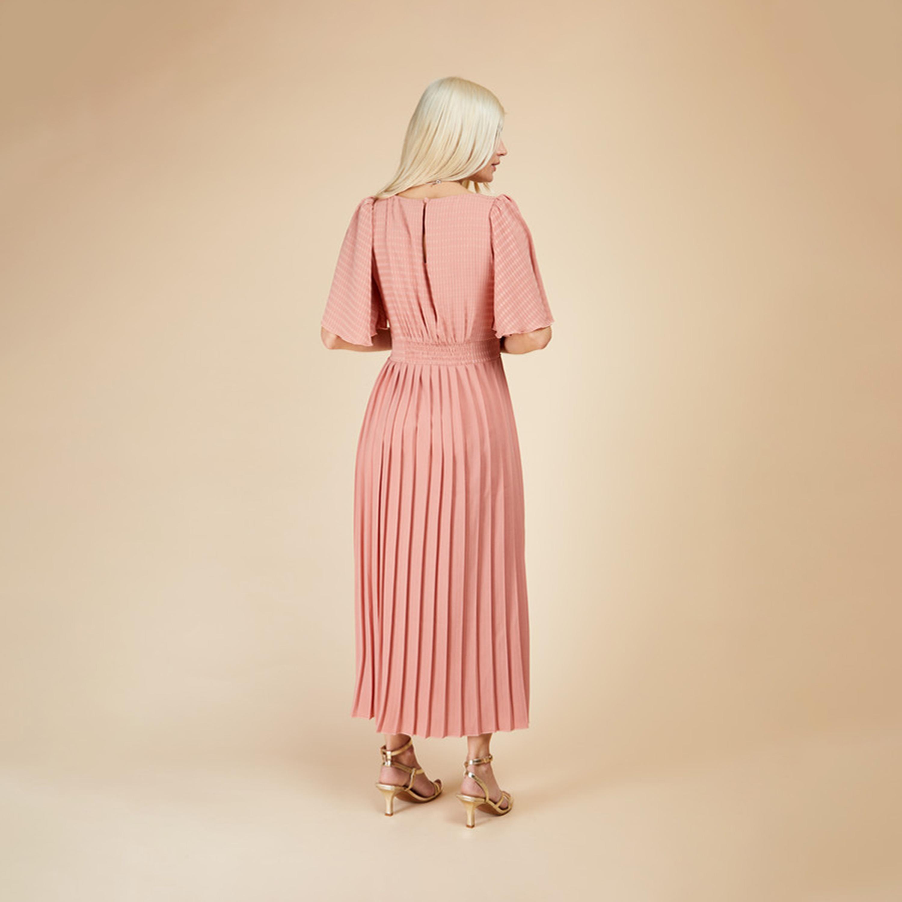 Little Mistress Textured Square Neck Pleated Maxi Dress with Short Sleeves-women-clothing-dresses-image-4