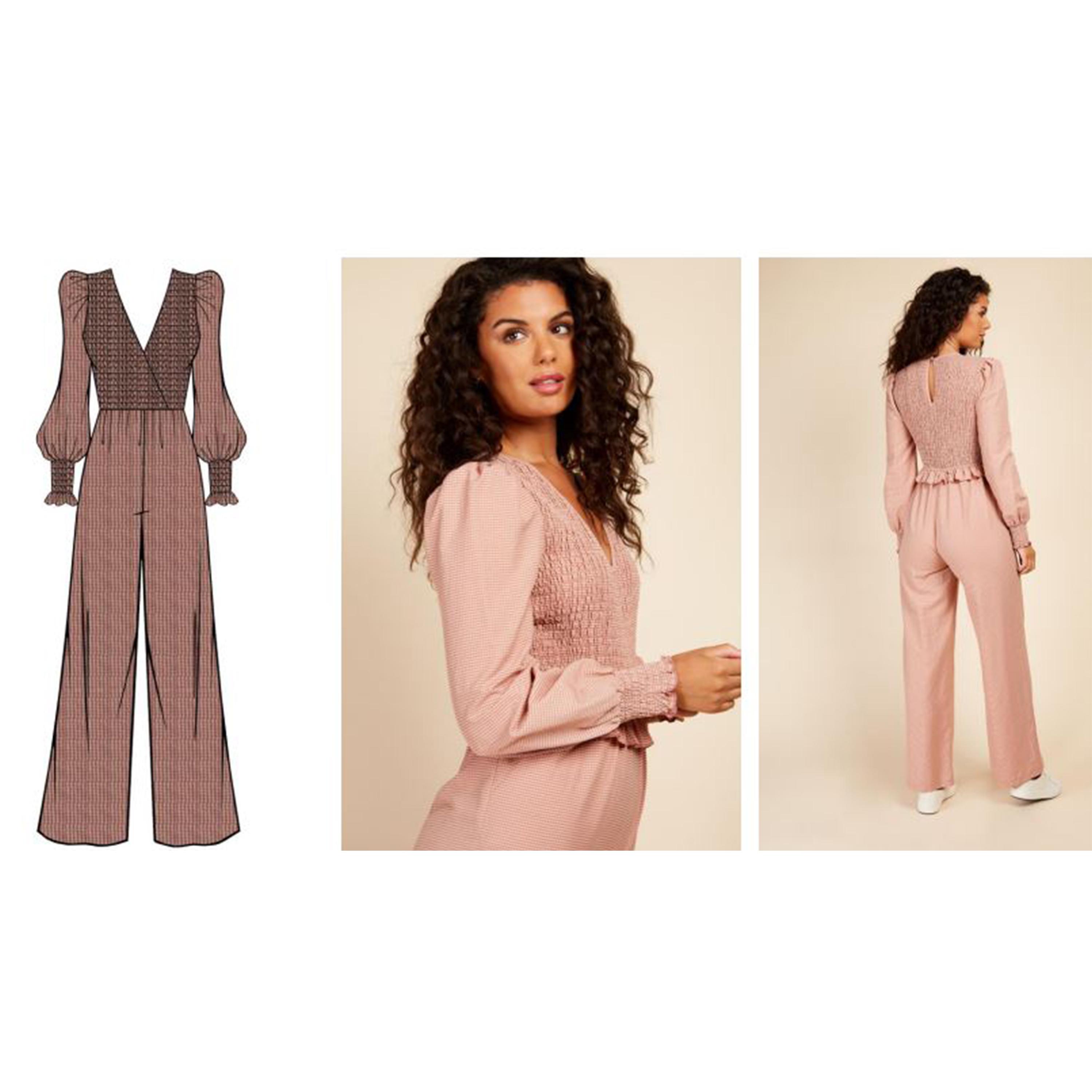 ليتل مسترس- جمبسوت ياقة على شكل V أكمام منفوخة نقشة مربعات-women-clothing-jumpsuits-image-1