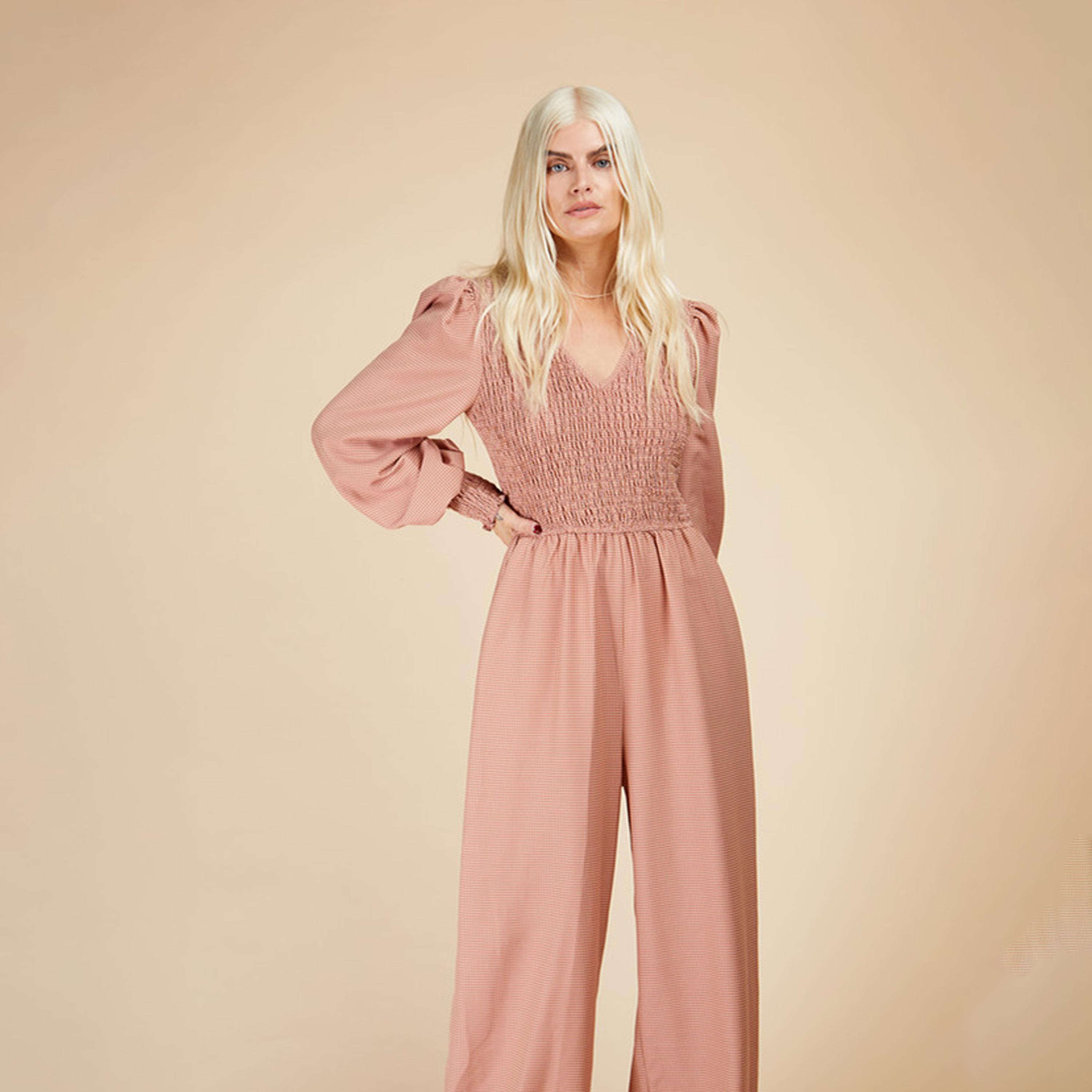 ليتل مسترس- جمبسوت ياقة على شكل V أكمام منفوخة نقشة مربعات-women-clothing-jumpsuits-image-2