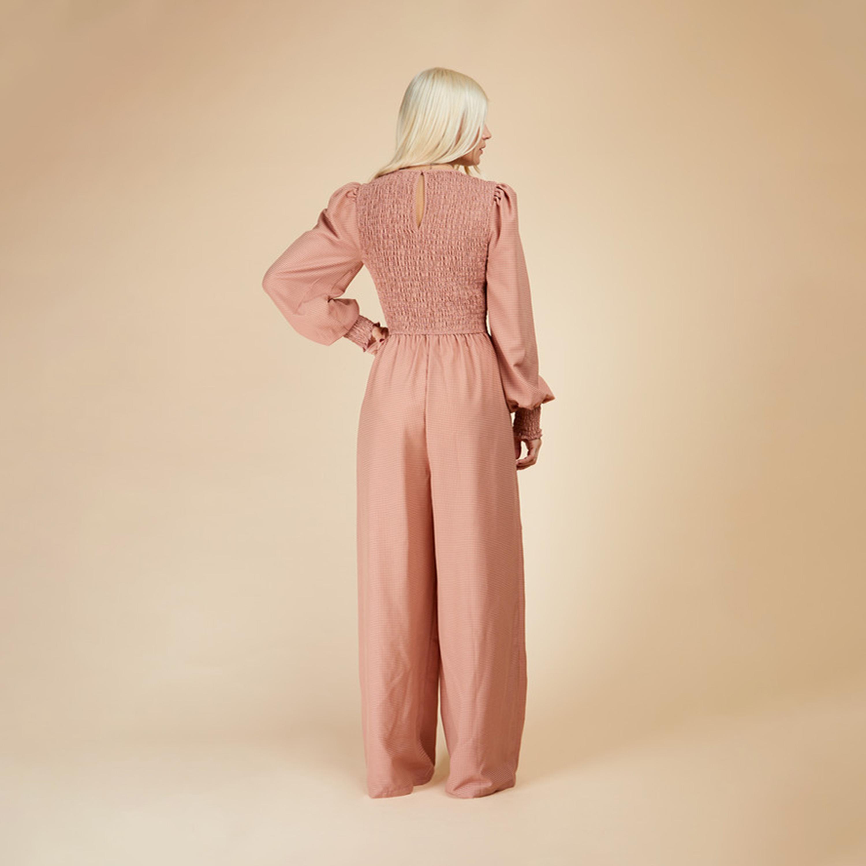 ليتل مسترس- جمبسوت ياقة على شكل V أكمام منفوخة نقشة مربعات-women-clothing-jumpsuits-image-3