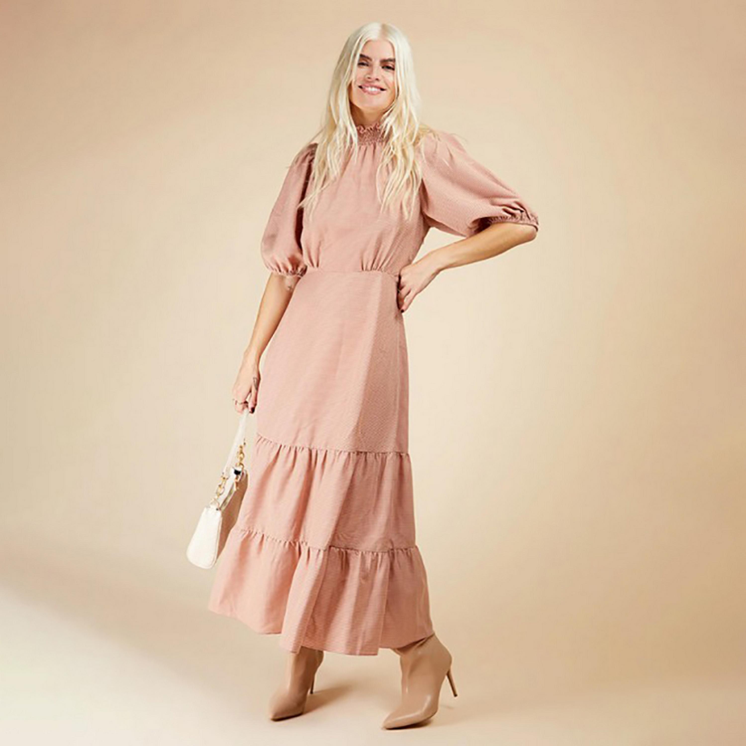 Little Mistress Rose Gingham Checked Puff Sleeves Tiered Maxi Women's Dress-women-clothing-dresses-image-1