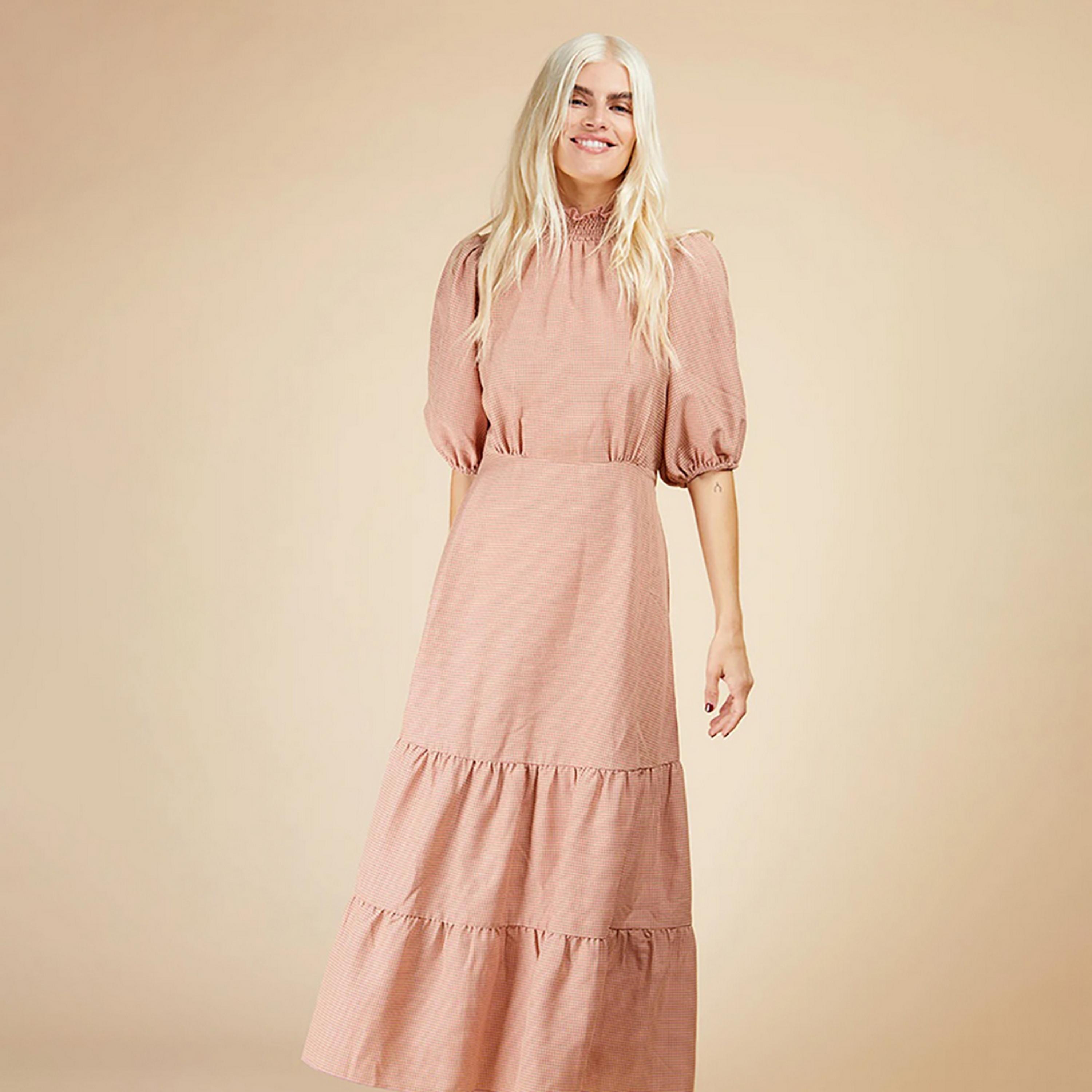 Little Mistress Rose Gingham Checked Puff Sleeves Tiered Maxi Women's Dress-women-clothing-dresses-image-3