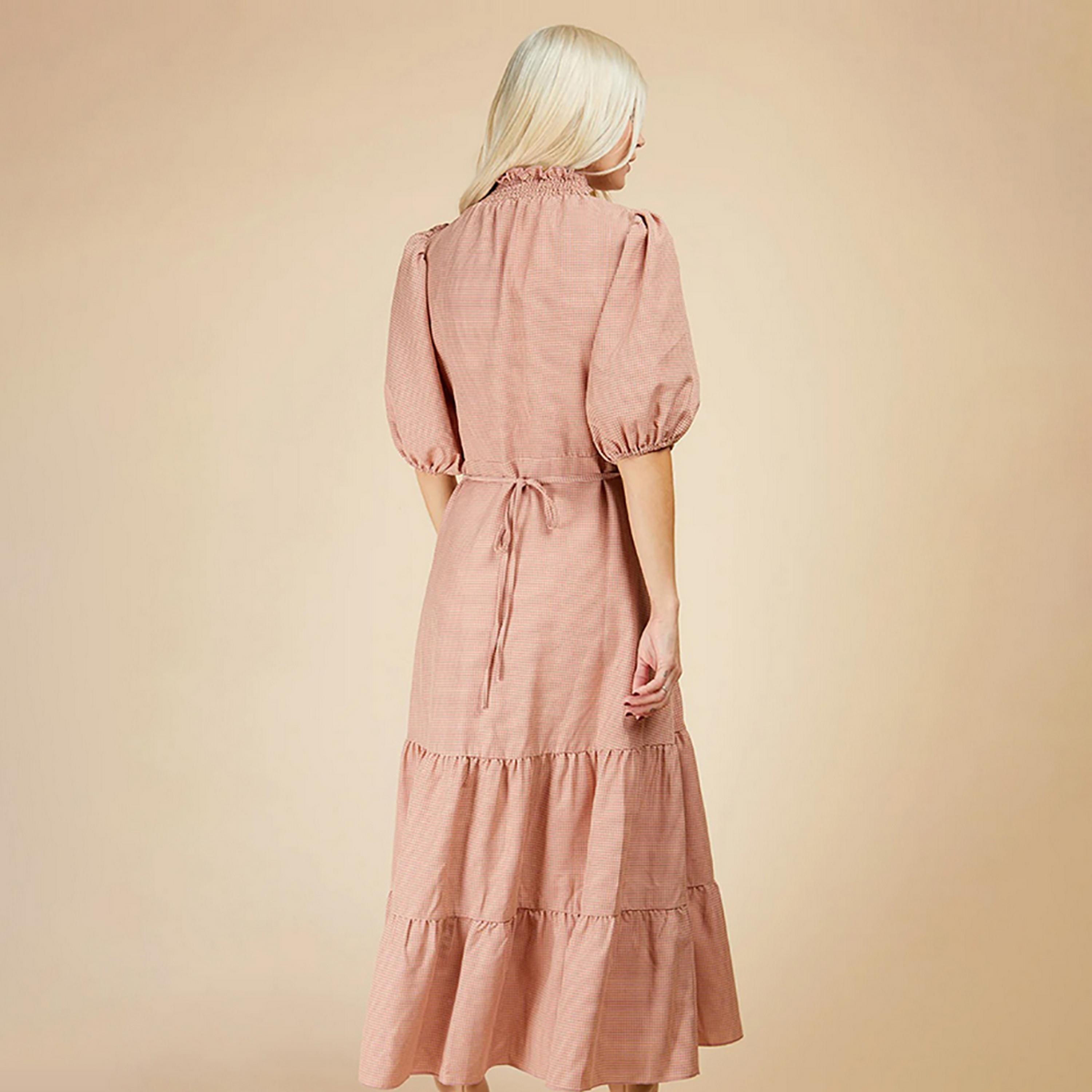 Little Mistress Rose Gingham Checked Puff Sleeves Tiered Maxi Women's Dress-women-clothing-dresses-image-4
