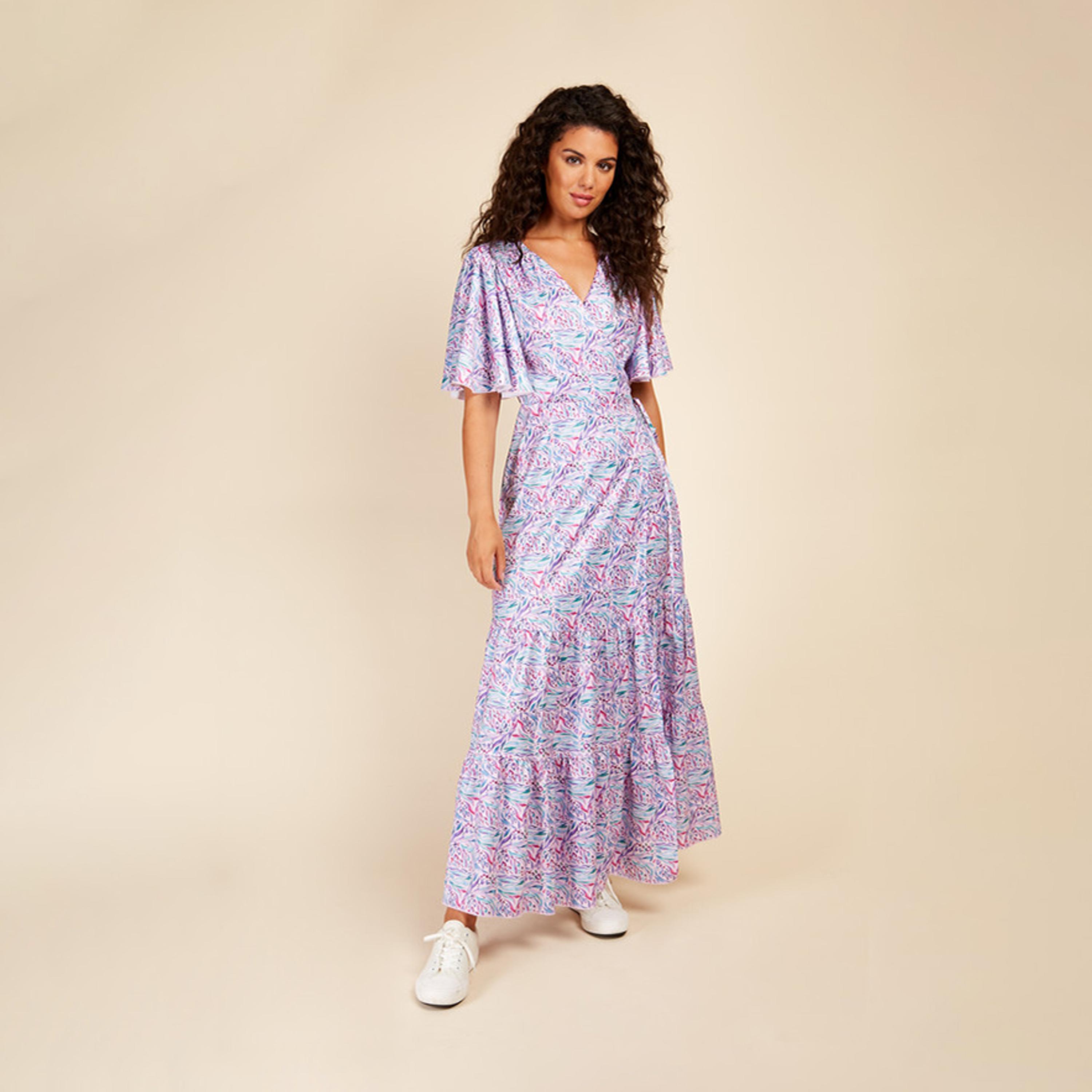 ليتل مسترس- فستان ماكسي ملفوف ياقة على شكل V تصميم منقوش أكمام قصيرة-women-clothing-dresses-image-1