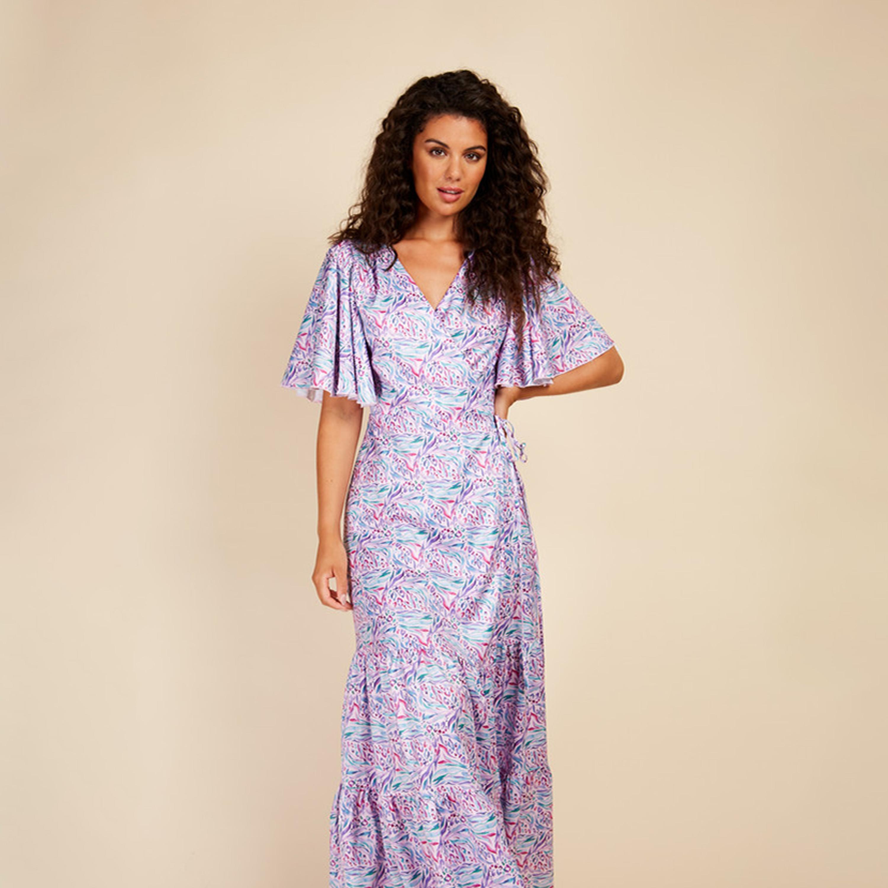 ليتل مسترس- فستان ماكسي ملفوف ياقة على شكل V تصميم منقوش أكمام قصيرة-women-clothing-dresses-image-2