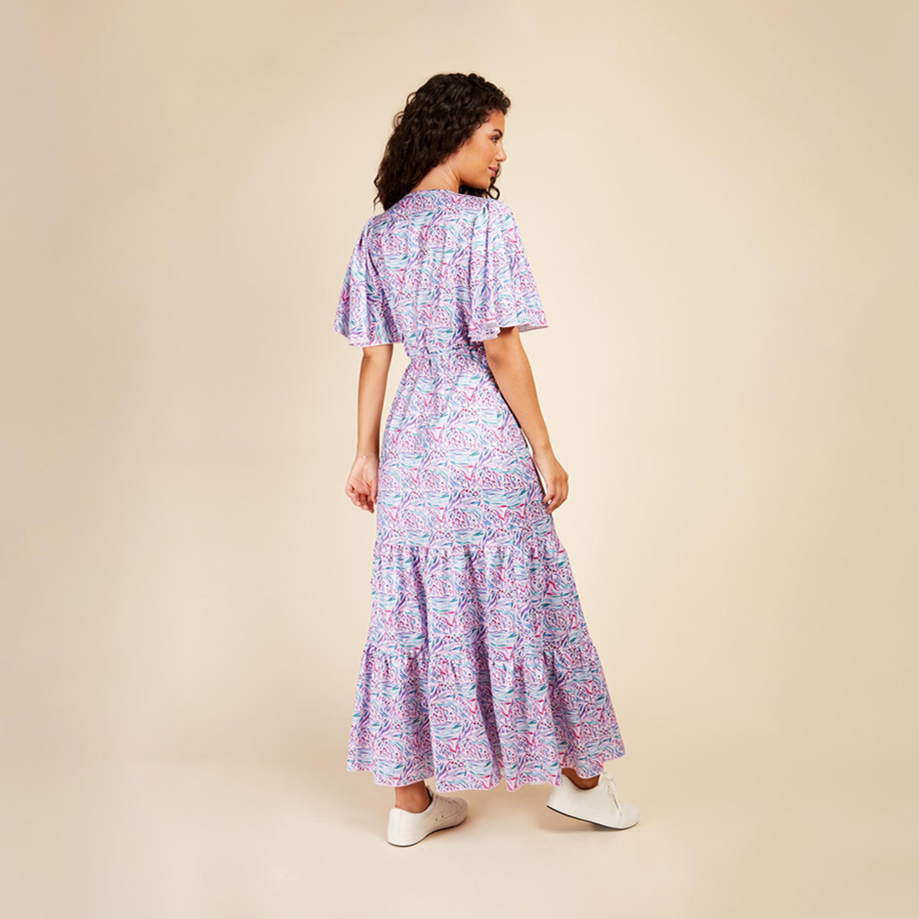 ليتل مسترس- فستان ماكسي ملفوف ياقة على شكل V تصميم منقوش أكمام قصيرة-women-clothing-dresses-image-4
