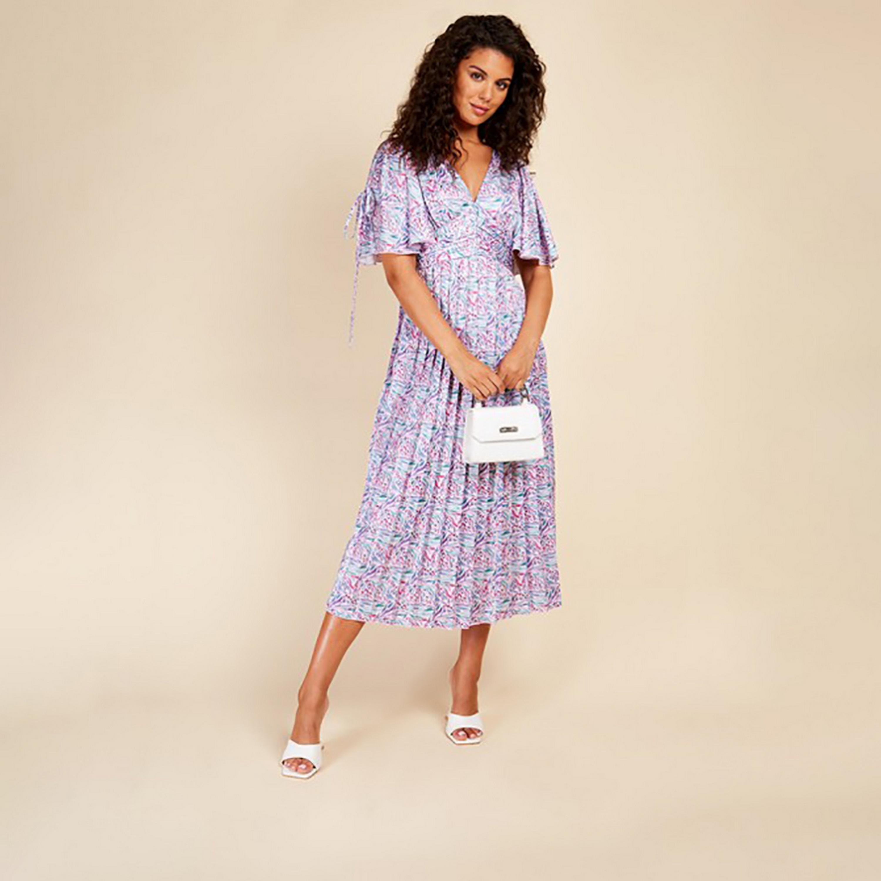 Little Mistress Multicolour Printed Plunge Neck Flared Sleeves Pleated Midi Women's Dress-women-clothing-dresses-image-1