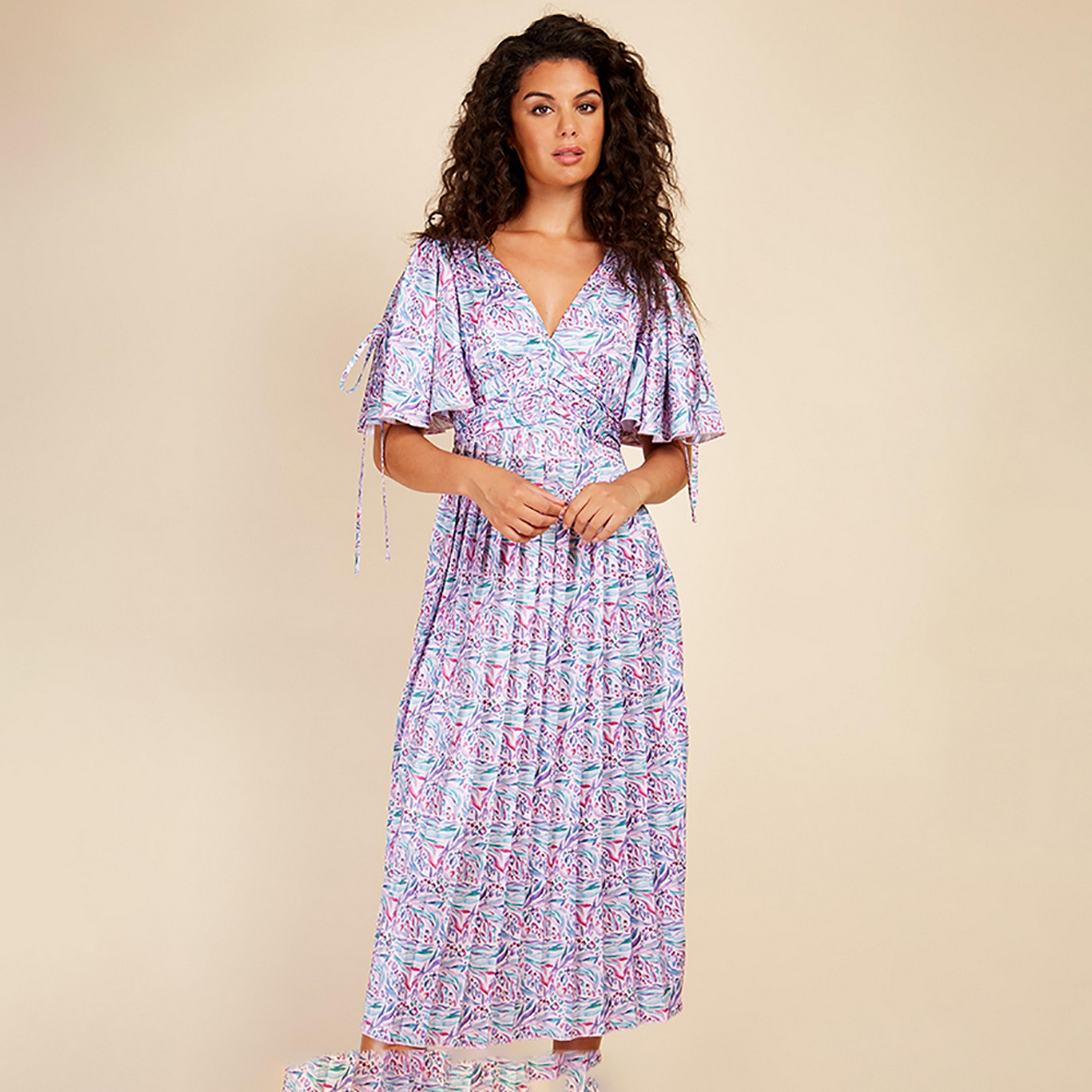 Little Mistress Multicolour Printed Plunge Neck Flared Sleeves Pleated Midi Women's Dress-women-clothing-dresses-image-3