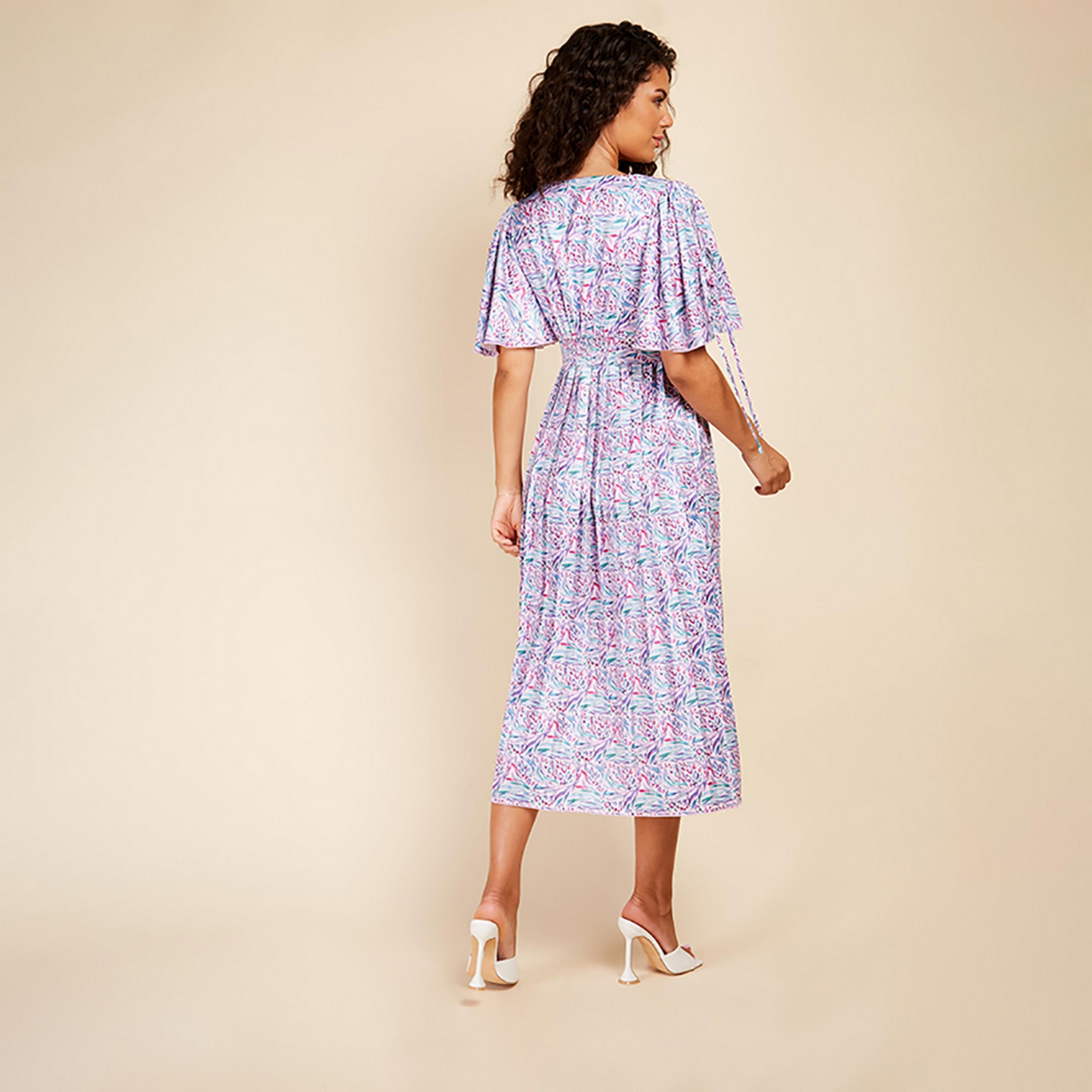 Little Mistress Multicolour Printed Plunge Neck Flared Sleeves Pleated Midi Women's Dress-women-clothing-dresses-image-4