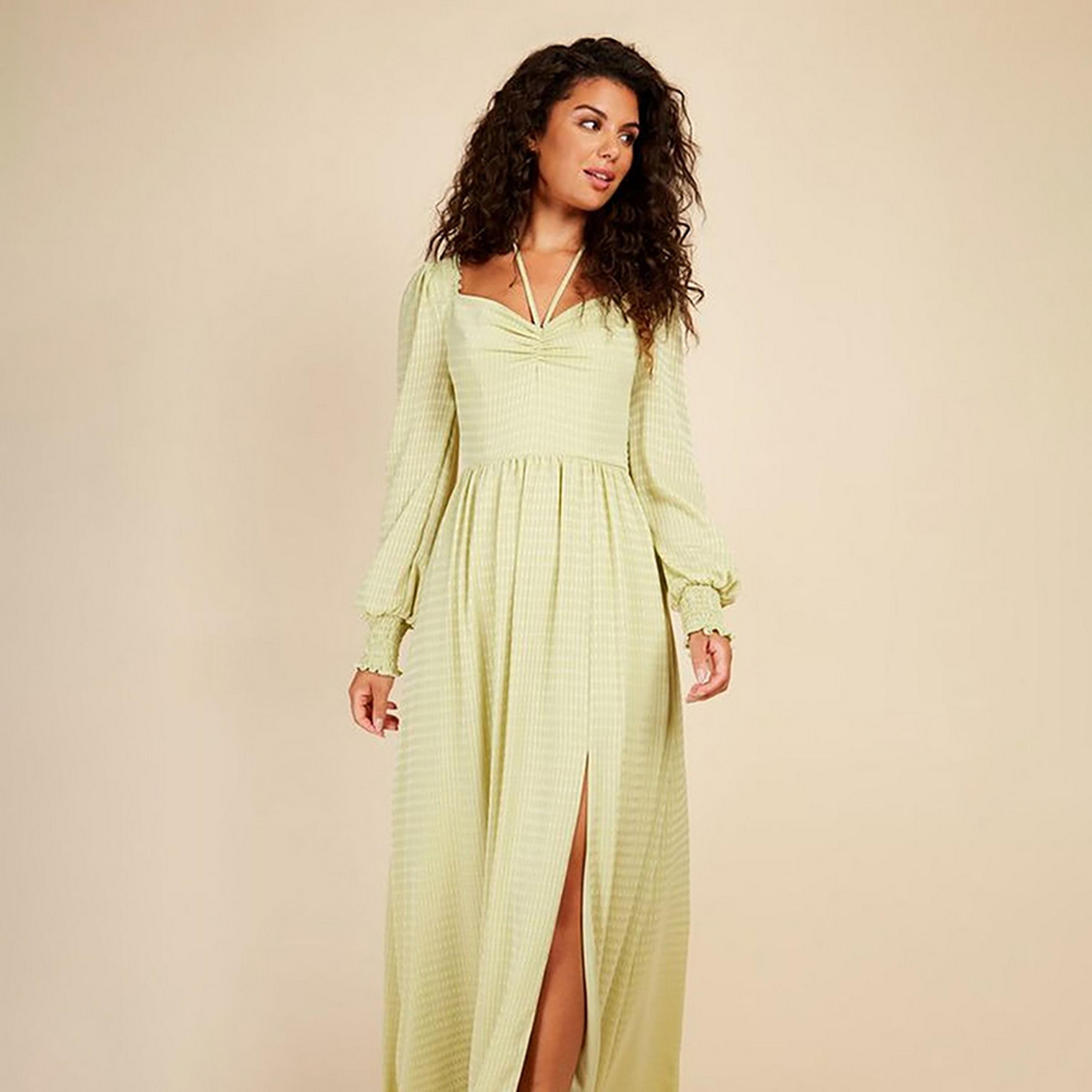 Little Mistress Green Self-Design Sweetheart Neck Bishop Sleeves Fit and Flared Maxi Women's Dress-women-clothing-dresses-image-3