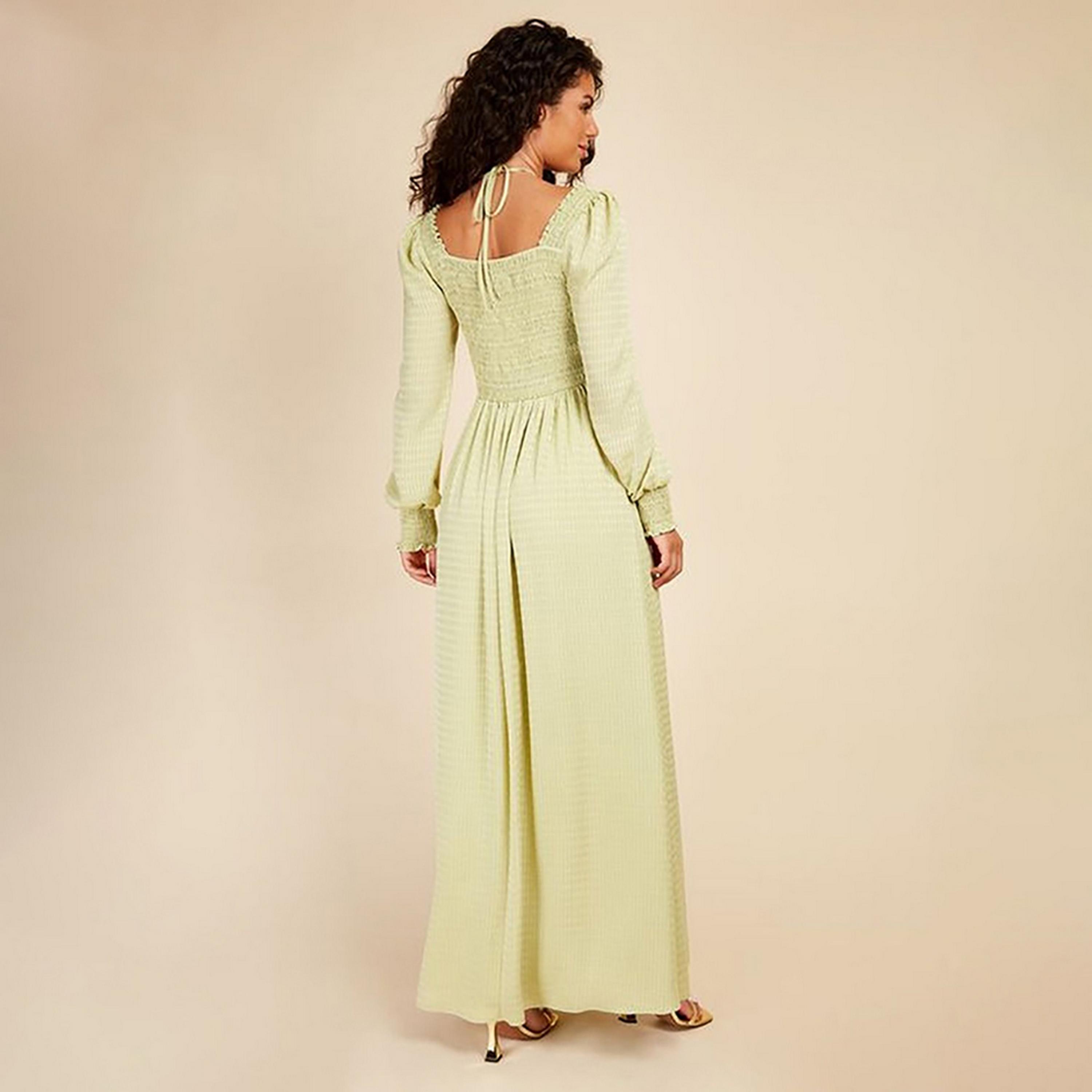 Little Mistress Green Self-Design Sweetheart Neck Bishop Sleeves Fit and Flared Maxi Women's Dress-women-clothing-dresses-image-4