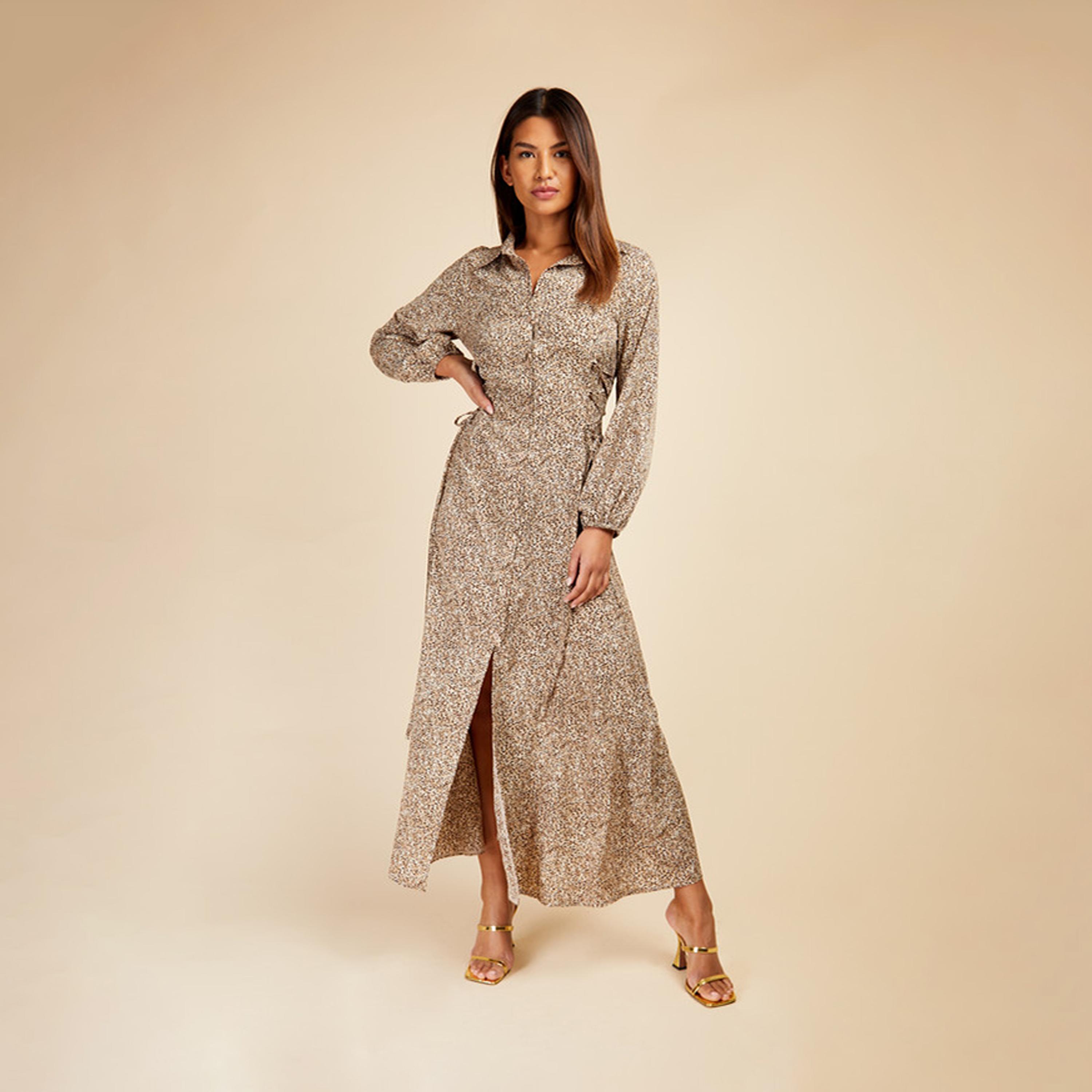 ليتل مسترس- فستان قميص ماكسي ياقة مطوية طبعة حيوانات أكمام طويلة-women-clothing-dresses-image-1