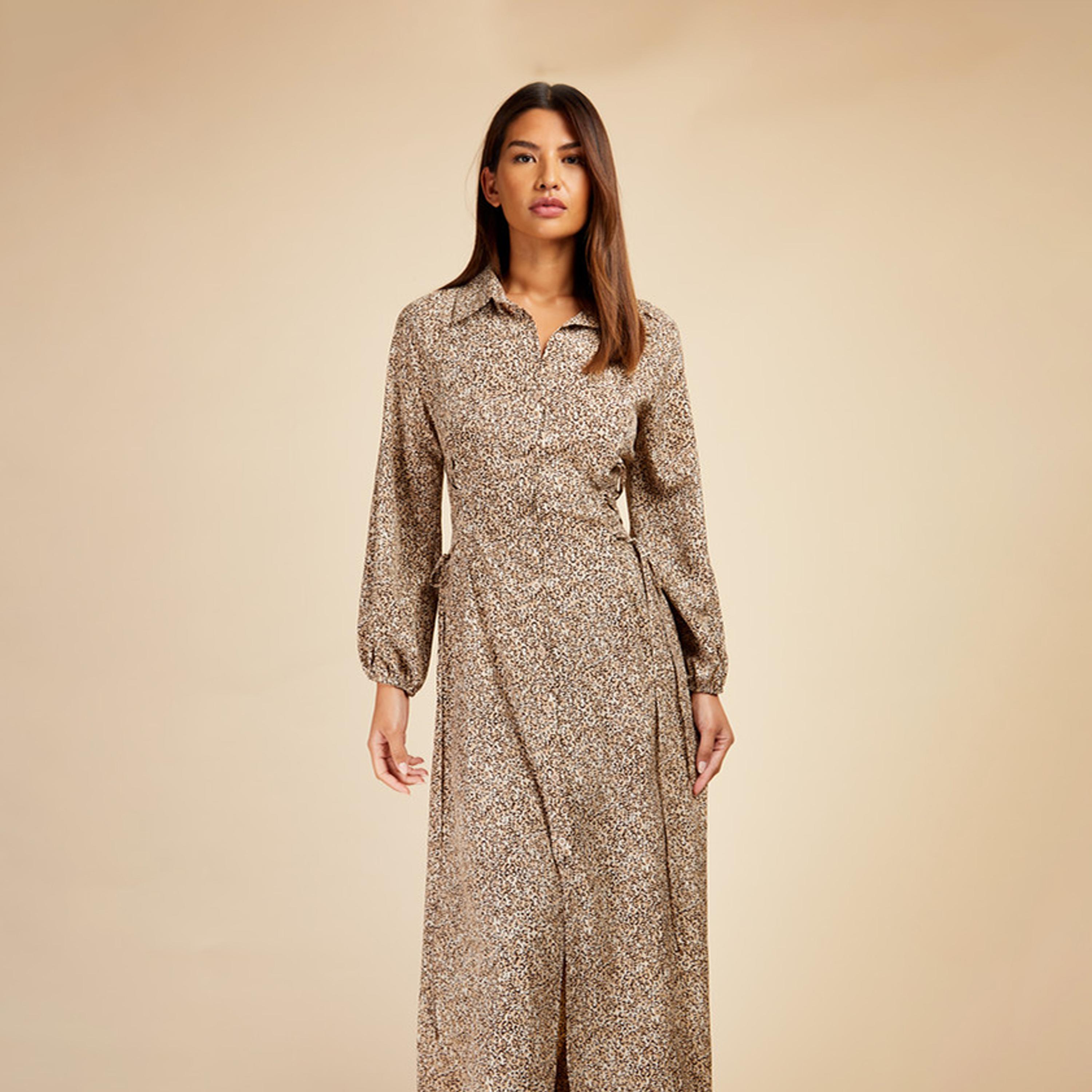 Little Mistress Animal Print Collared Shirt Maxi Dress with Long Sleeves-women-clothing-dresses-image-2