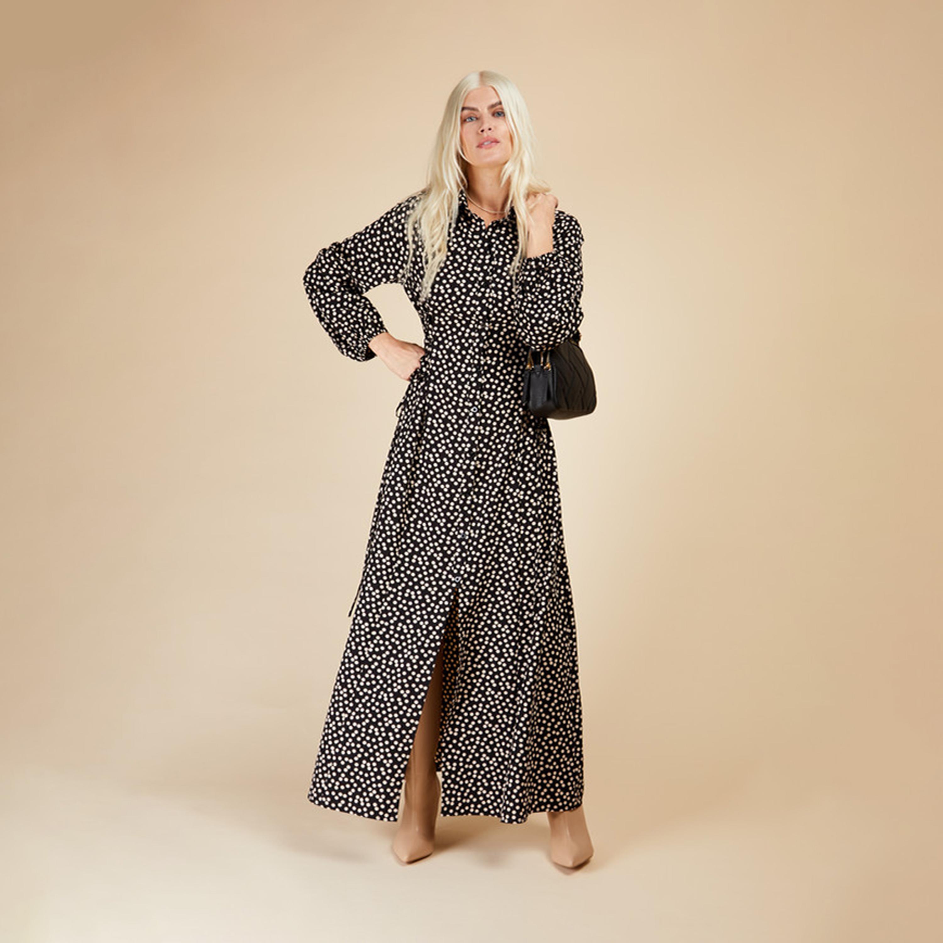 Buy Women s Little Mistress Printed Collared Shirt Maxi Dress with Long Sleeves Online Centrepoint UAE