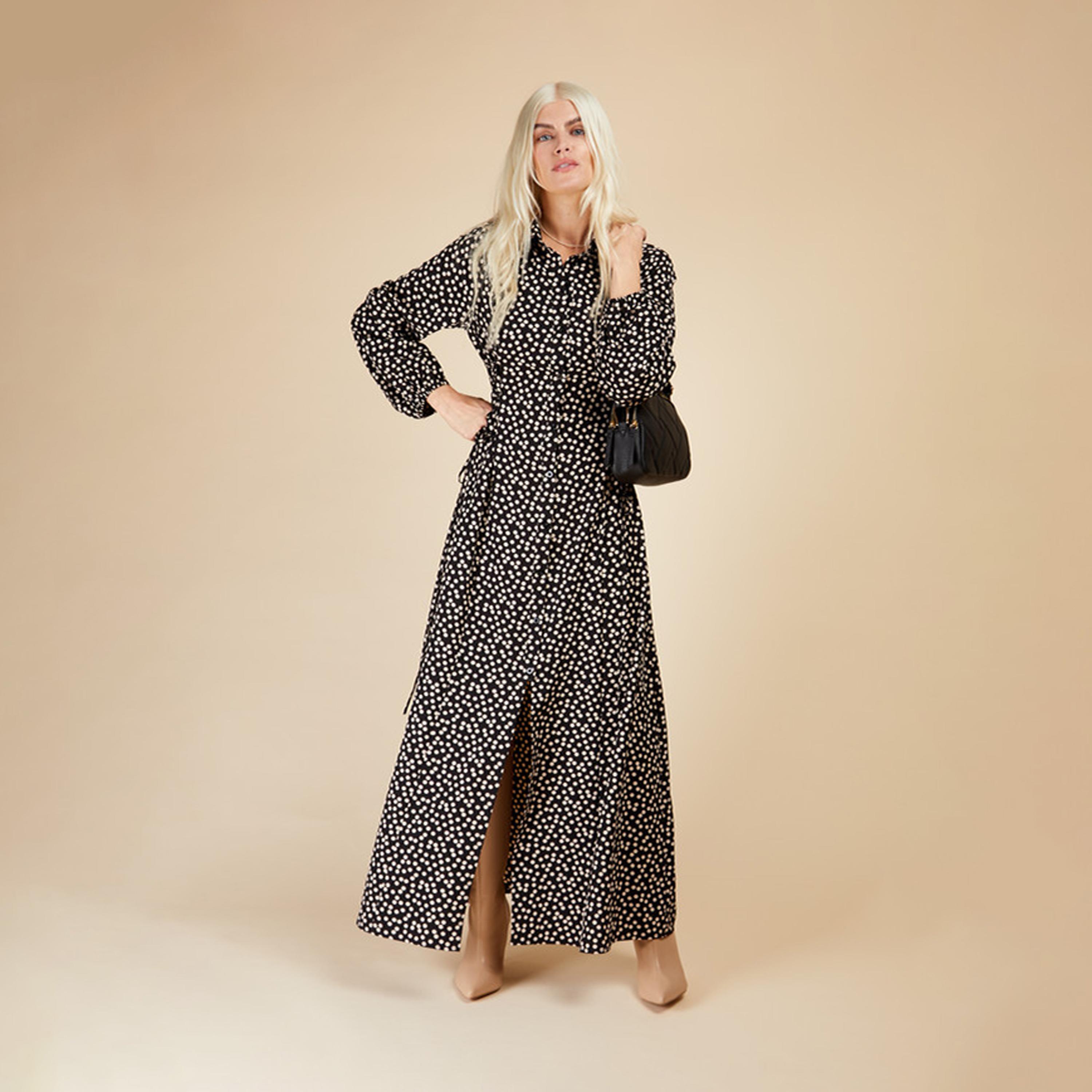 ليتل مسترس- فستان ماكسي ياقة قميص تصميم منقوش أكمام طويلة-women-clothing-dresses-image-1