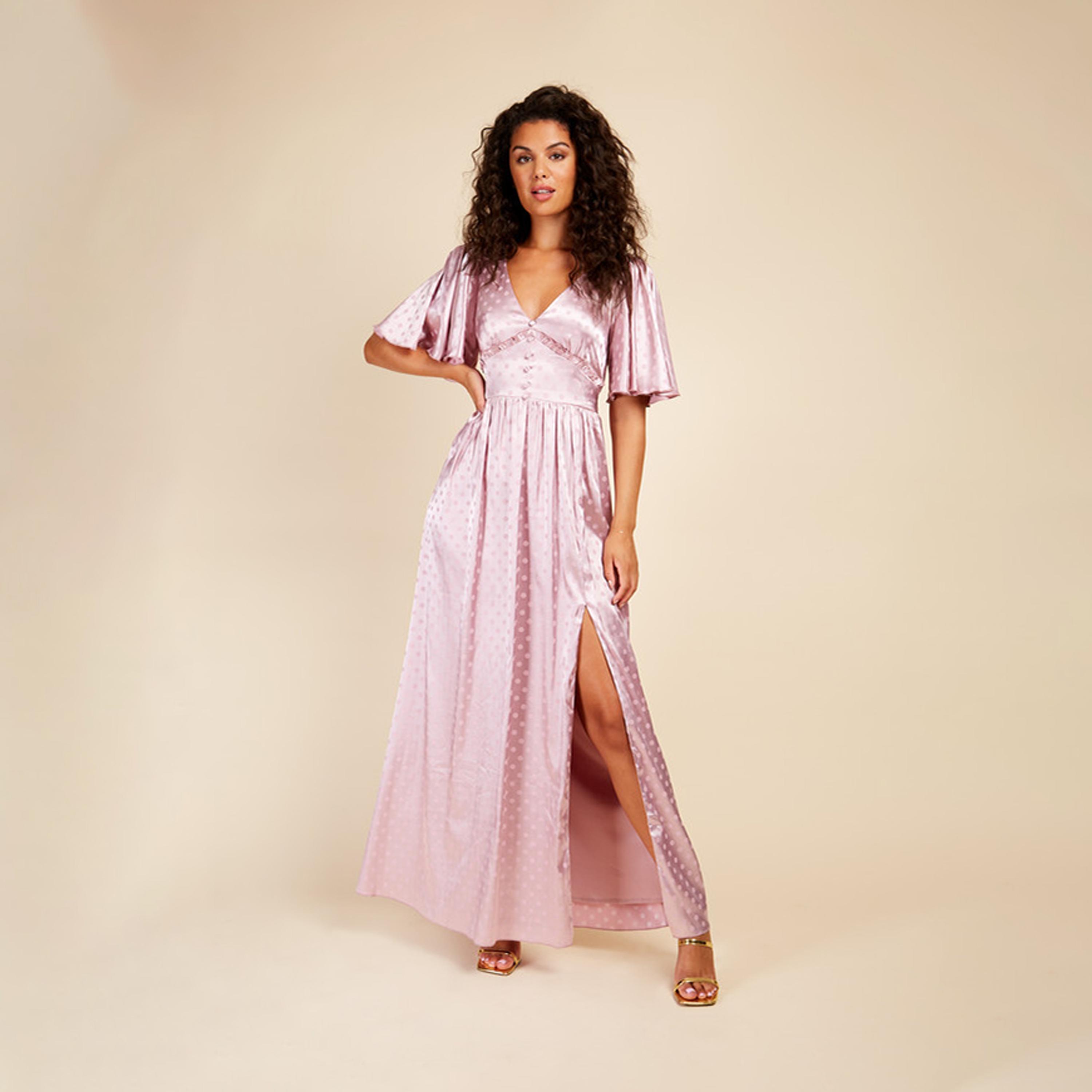 Little Mistress Satin Polka Dot V-neck A-line Maxi Dress with Short Sleeves-women-clothing-dresses-image-1