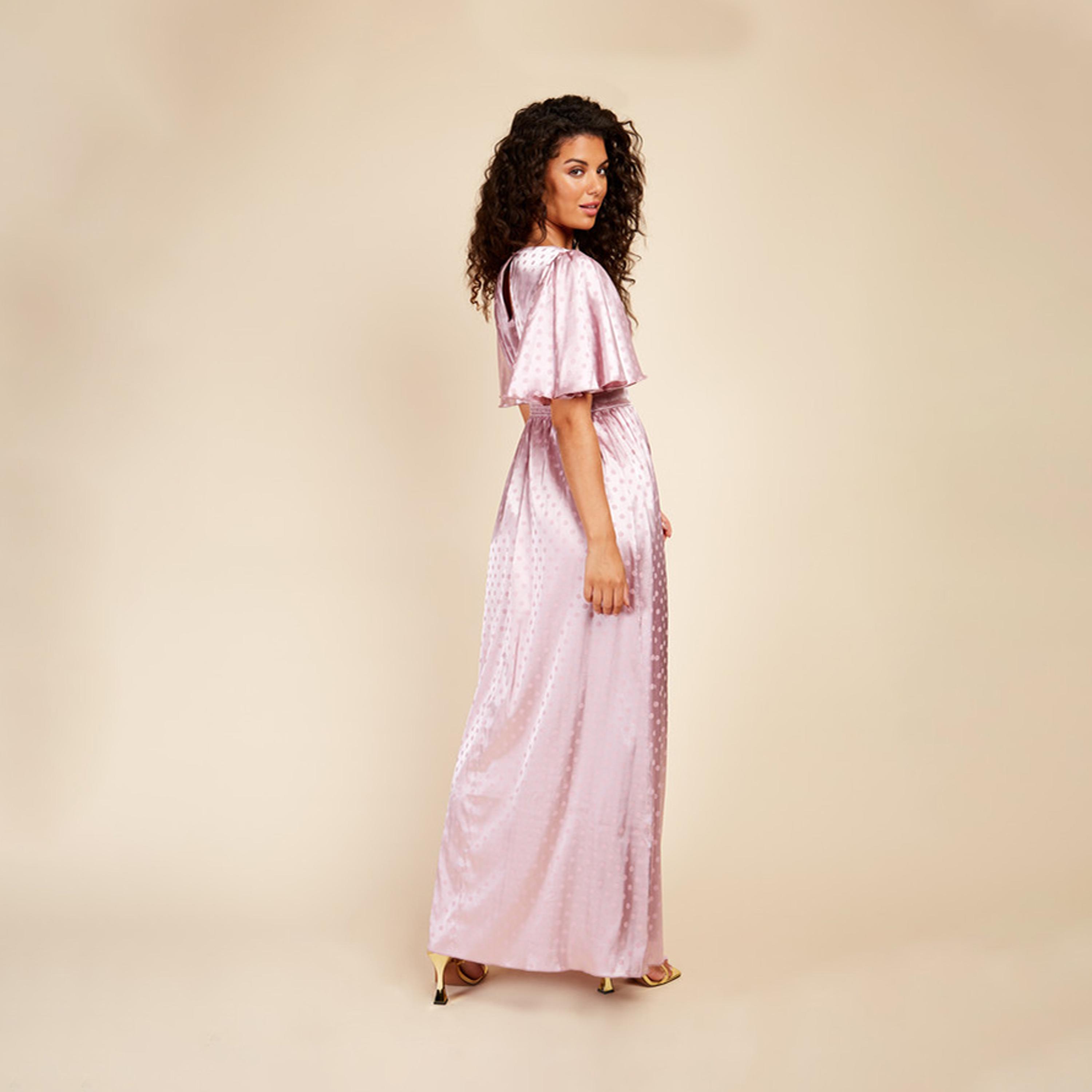 Little Mistress Satin Polka Dot V-neck A-line Maxi Dress with Short Sleeves-women-clothing-dresses-image-4
