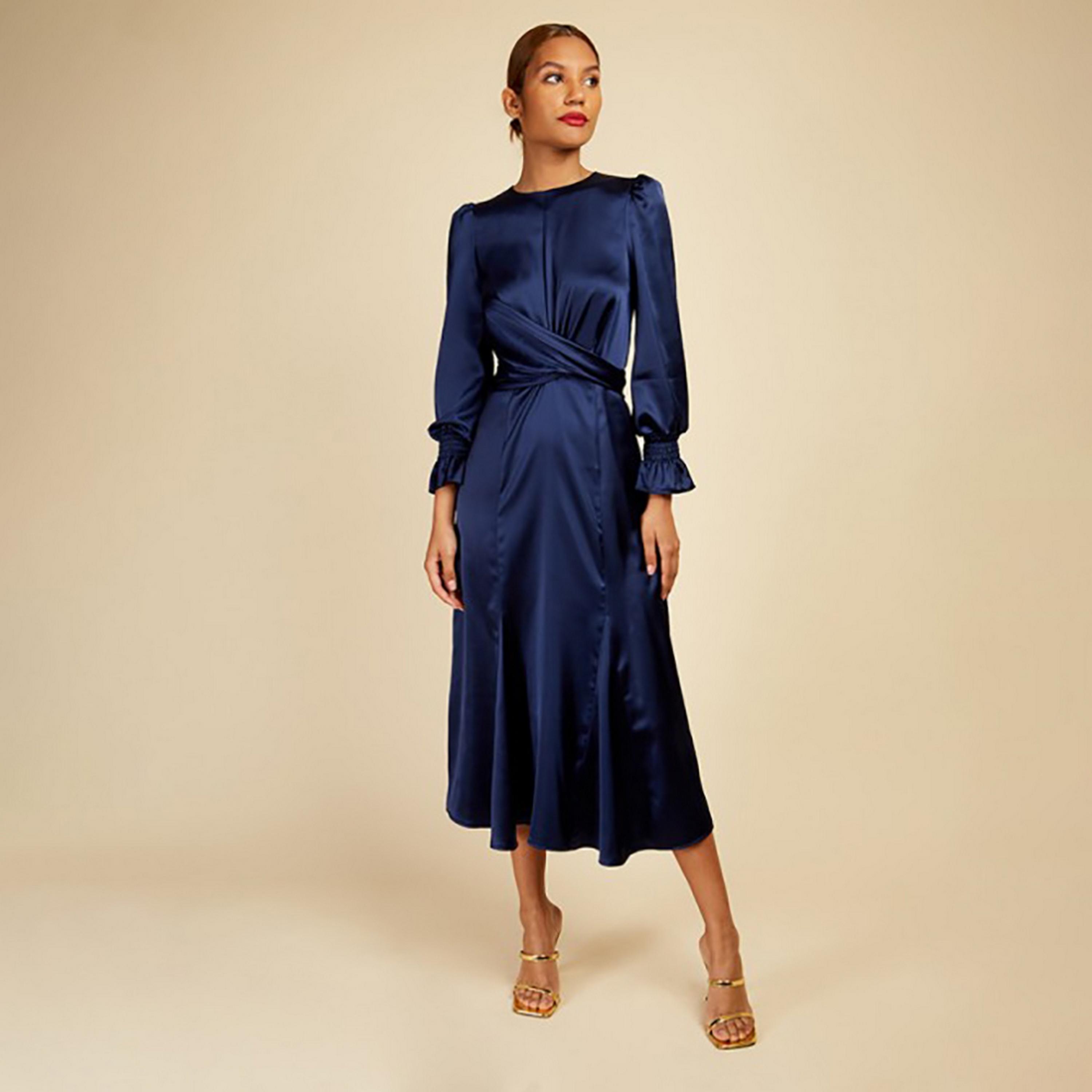 Little Mistress Navy Blue Plain Puff Sleeves Fit and Flared Midi Women's Dress-women-clothing-dresses-image-1