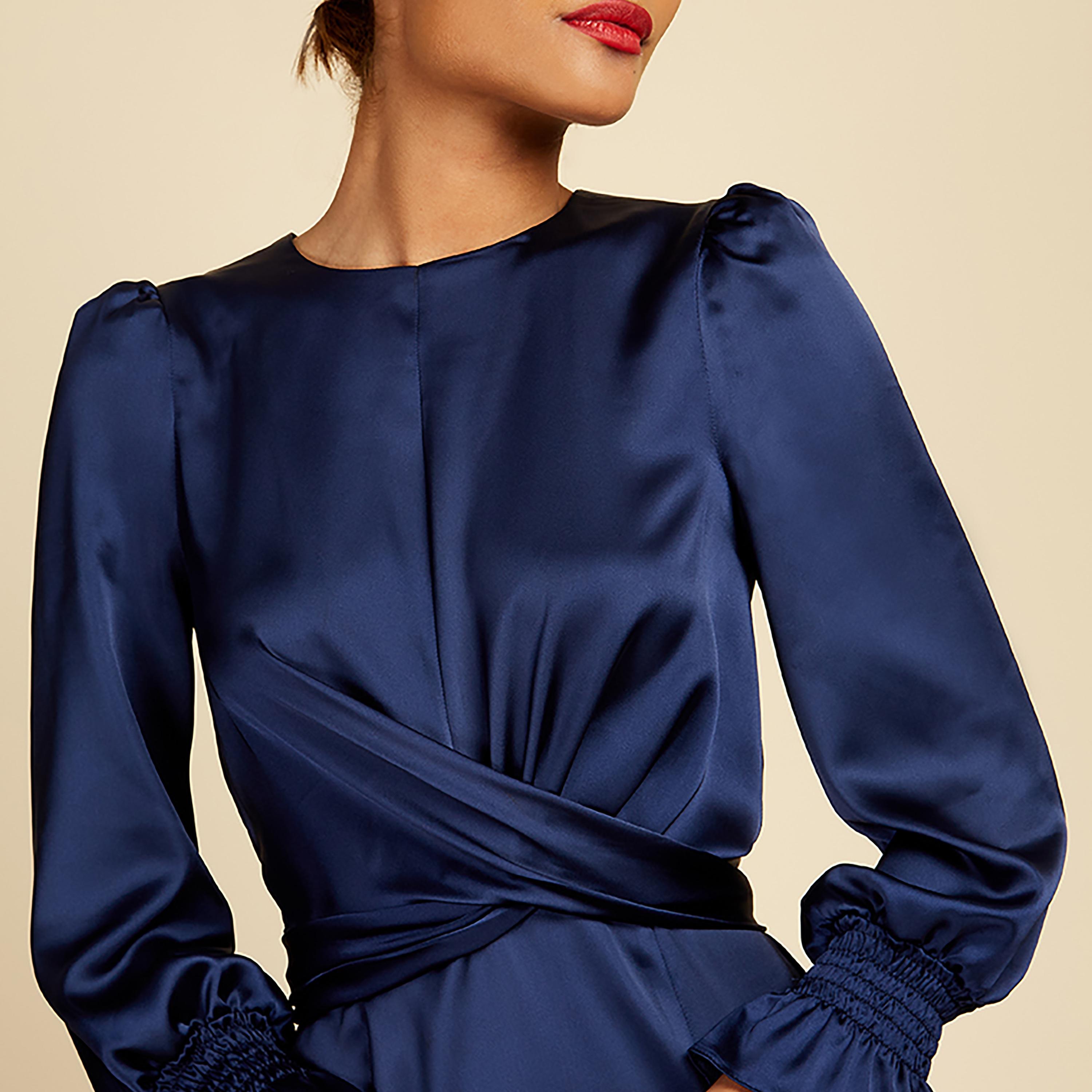 Little Mistress Navy Blue Plain Puff Sleeves Fit and Flared Midi Women's Dress-women-clothing-dresses-image-2