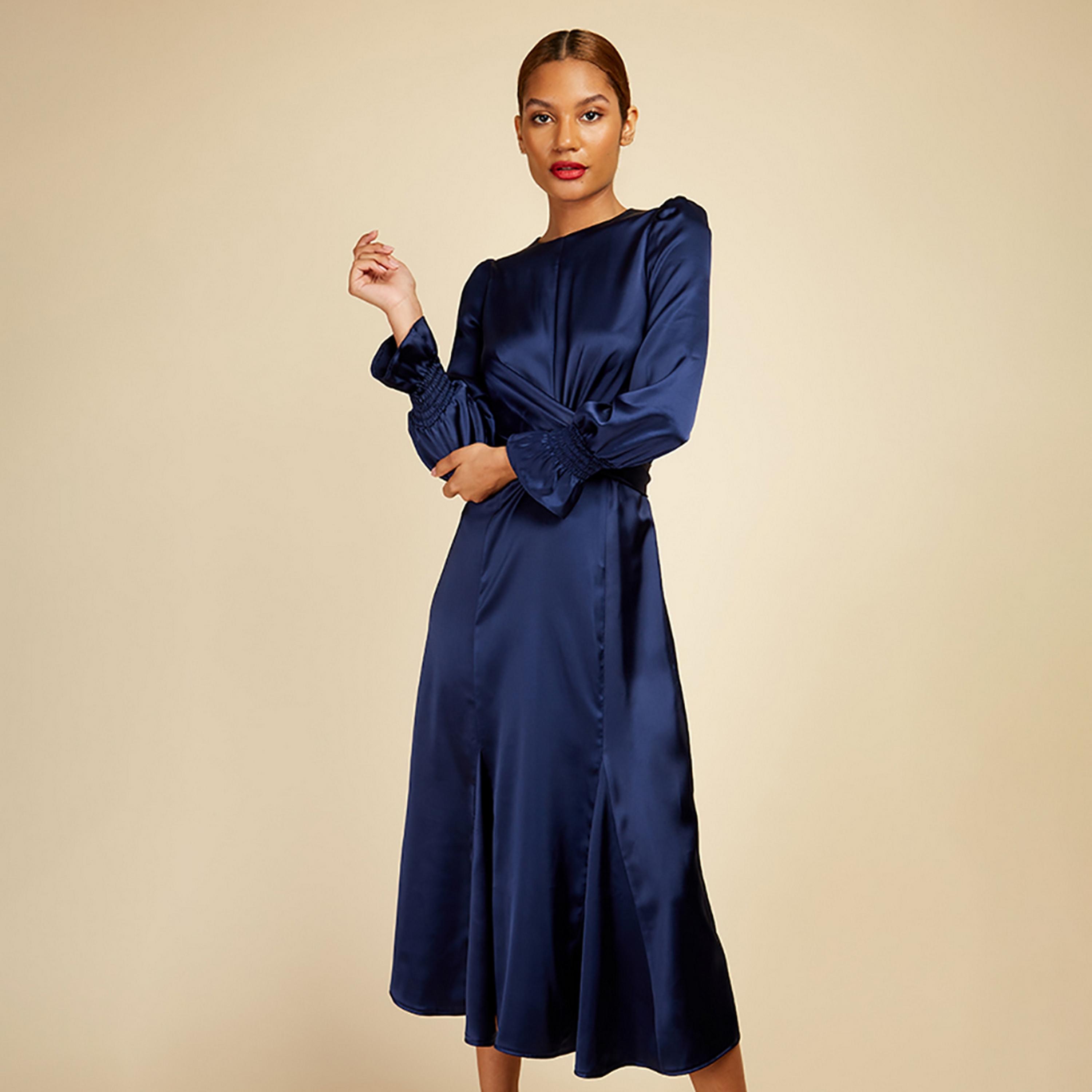 Little Mistress Navy Blue Plain Puff Sleeves Fit and Flared Midi Women's Dress-women-clothing-dresses-image-3