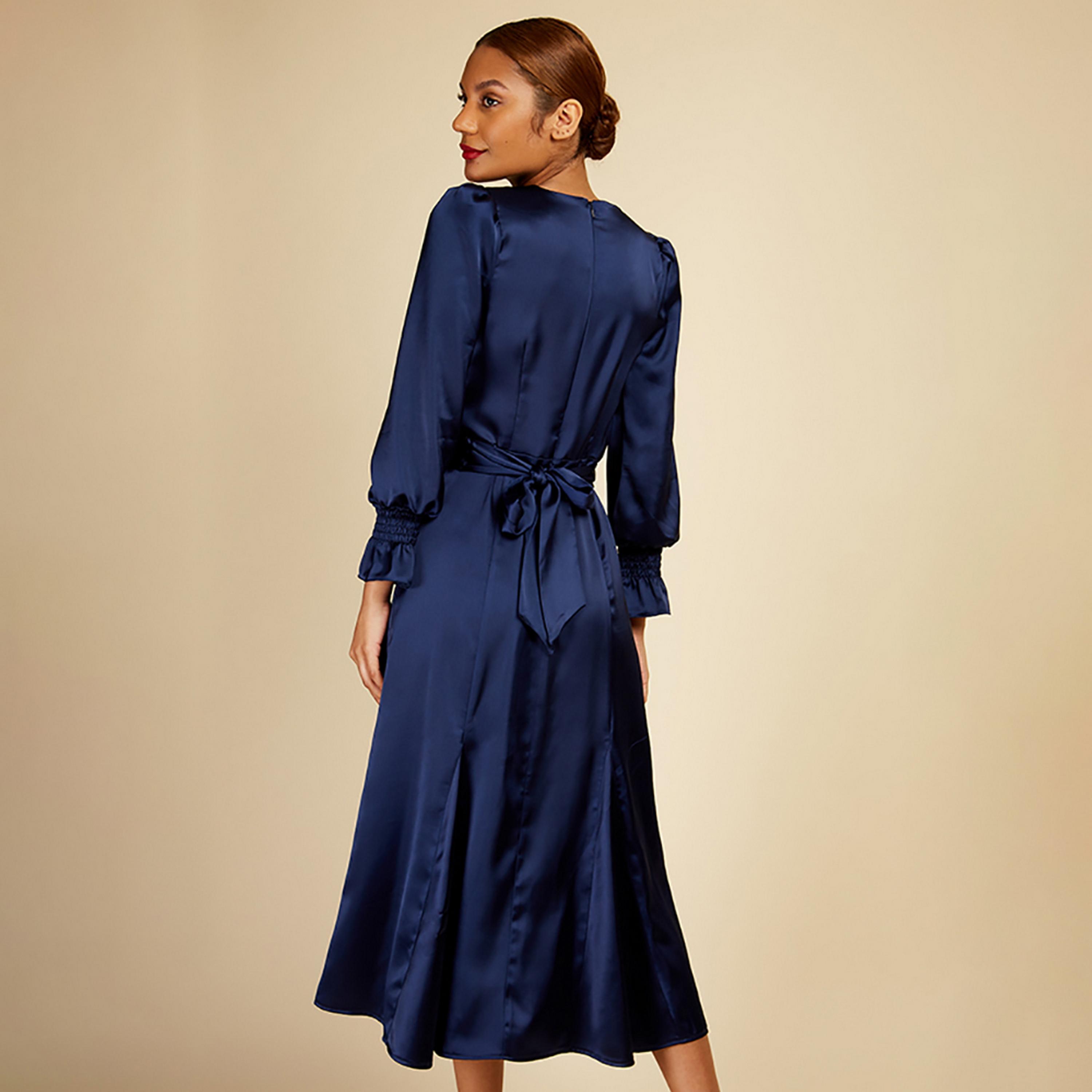 Little Mistress Navy Blue Plain Puff Sleeves Fit and Flared Midi Women's Dress-women-clothing-dresses-image-4