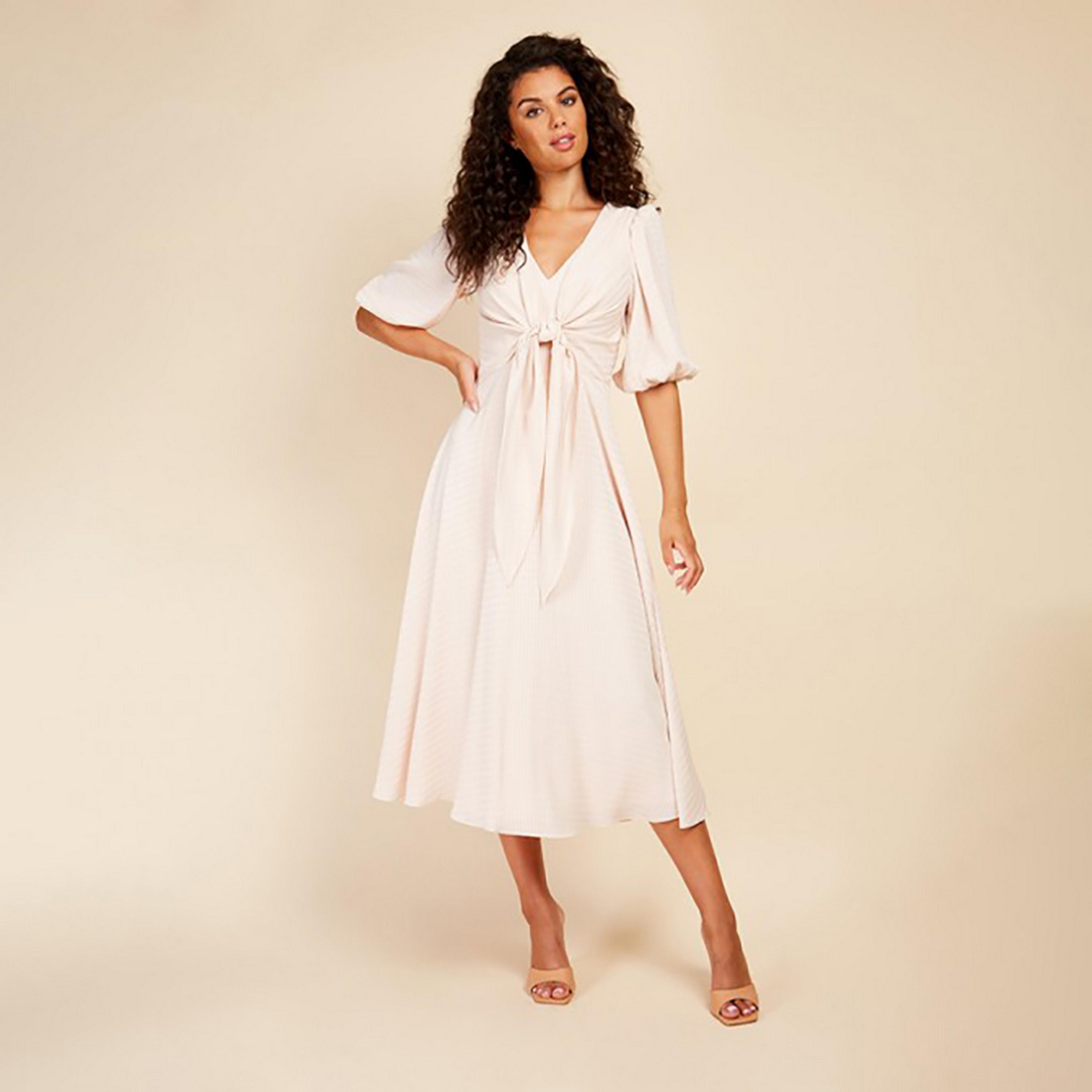 Little Mistress Pink Patterned Plunge Neck Puff Sleeves Fit and Flared Midi Women's Dress-women-clothing-dresses-image-1