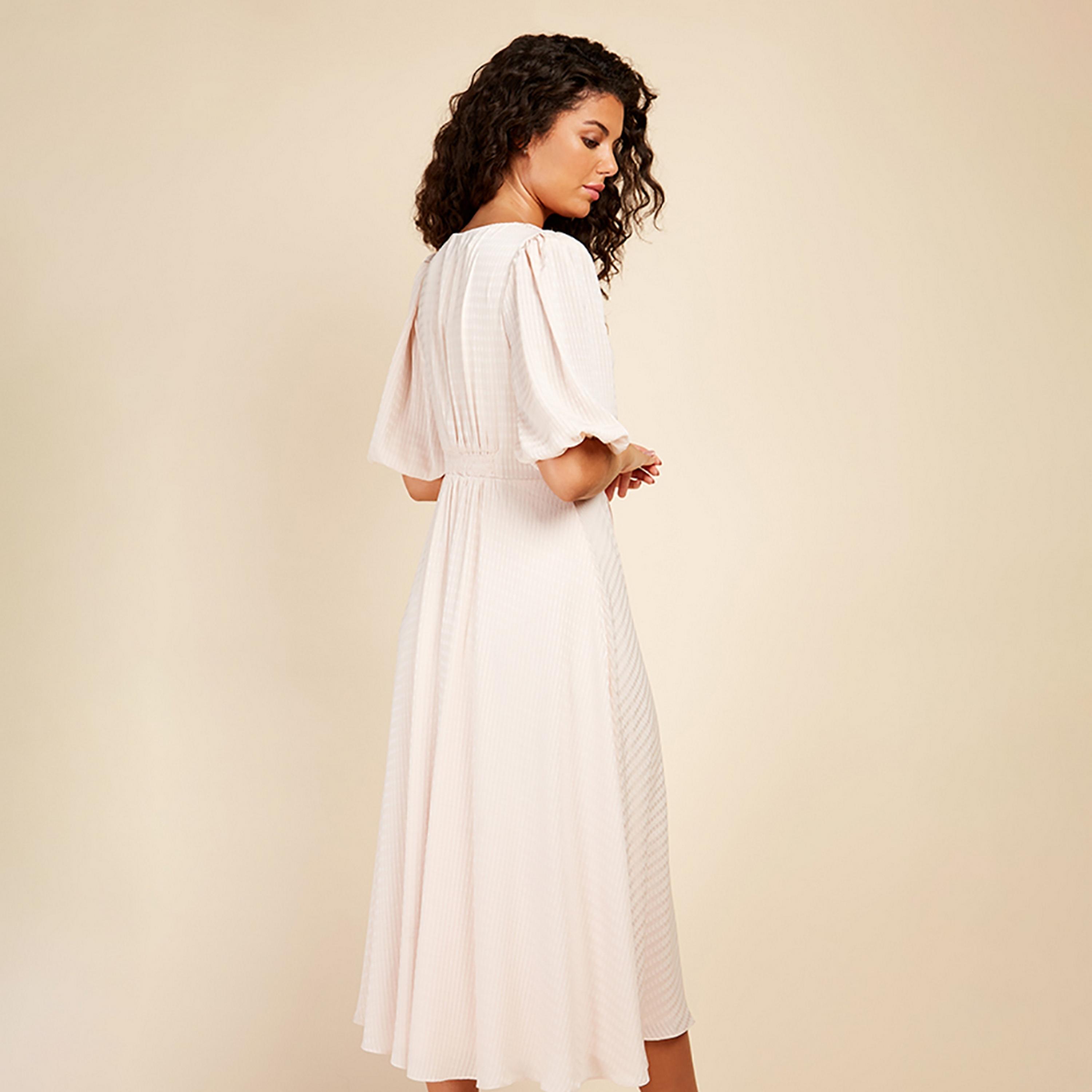 Little Mistress Pink Patterned Plunge Neck Puff Sleeves Fit and Flared Midi Women's Dress-women-clothing-dresses-image-4