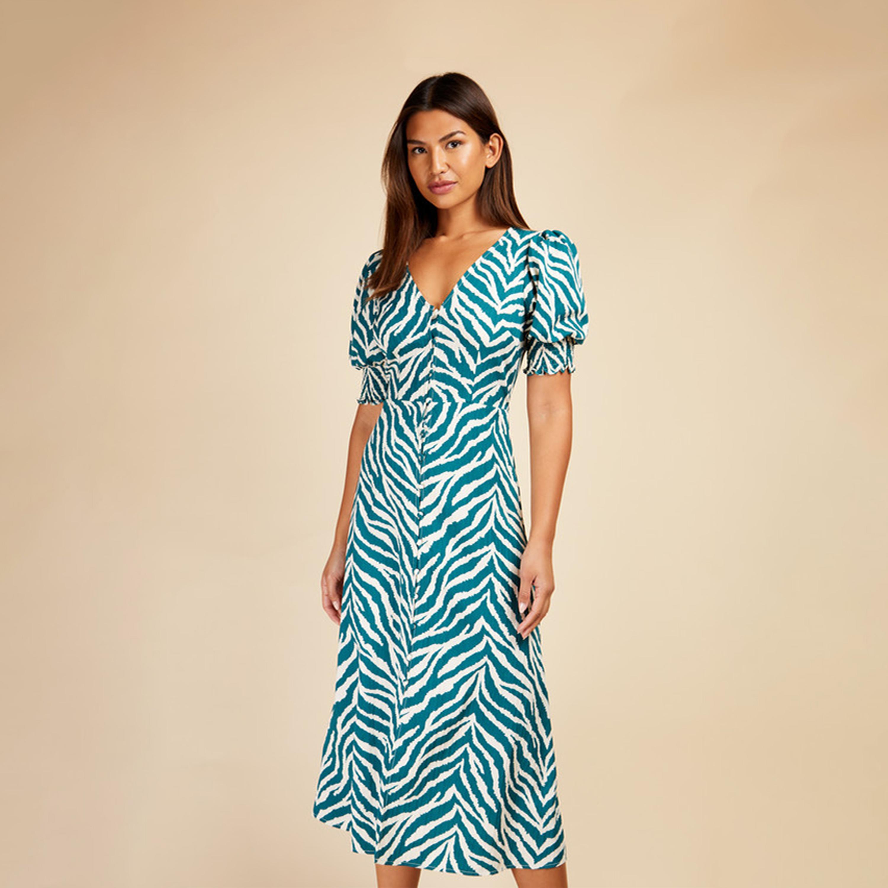 Little Mistress Animal Print V-neck A-line Midi Dress with Short Sleeves-women-clothing-dresses-image-1